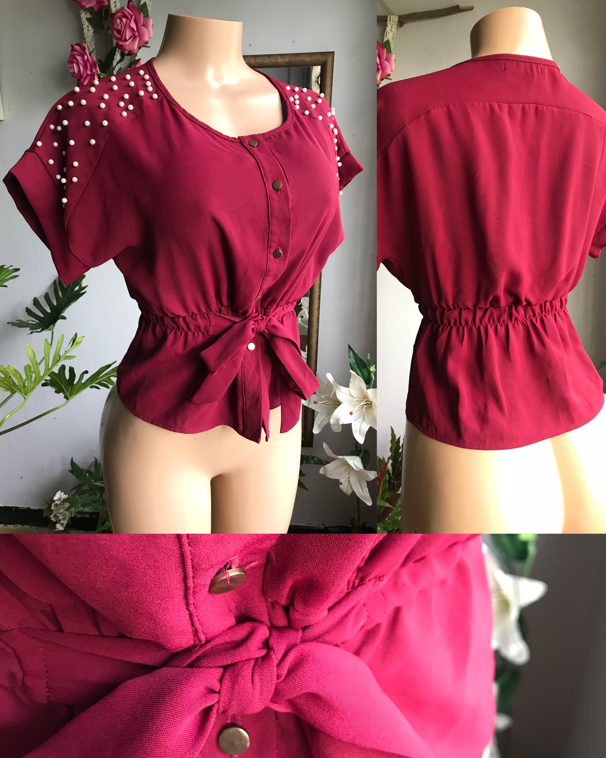 deep red professional peplum blouse with pearl detail ... M