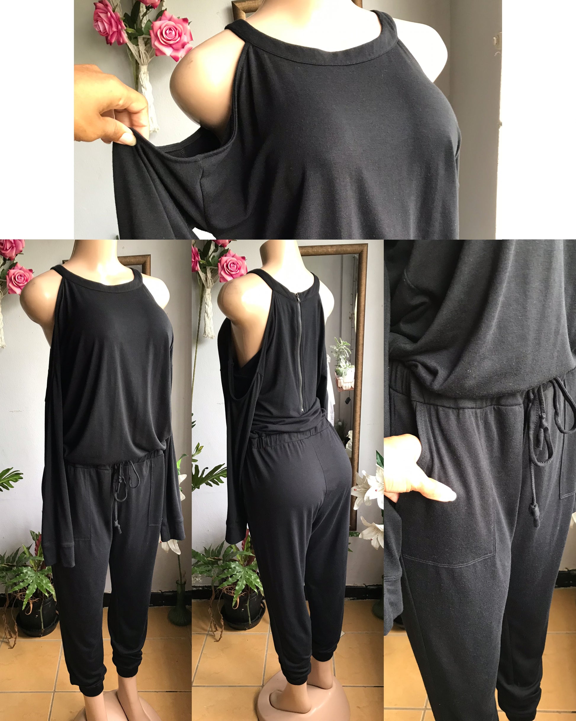 NY company black draw string cold shoulder jumpsuit ~~~ M/Large
