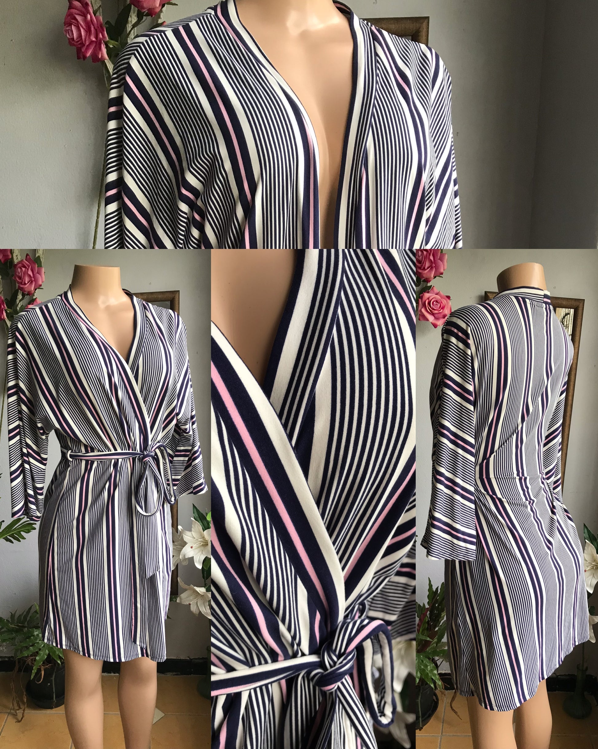 pink & navy stretchy stripe robe/dress . M