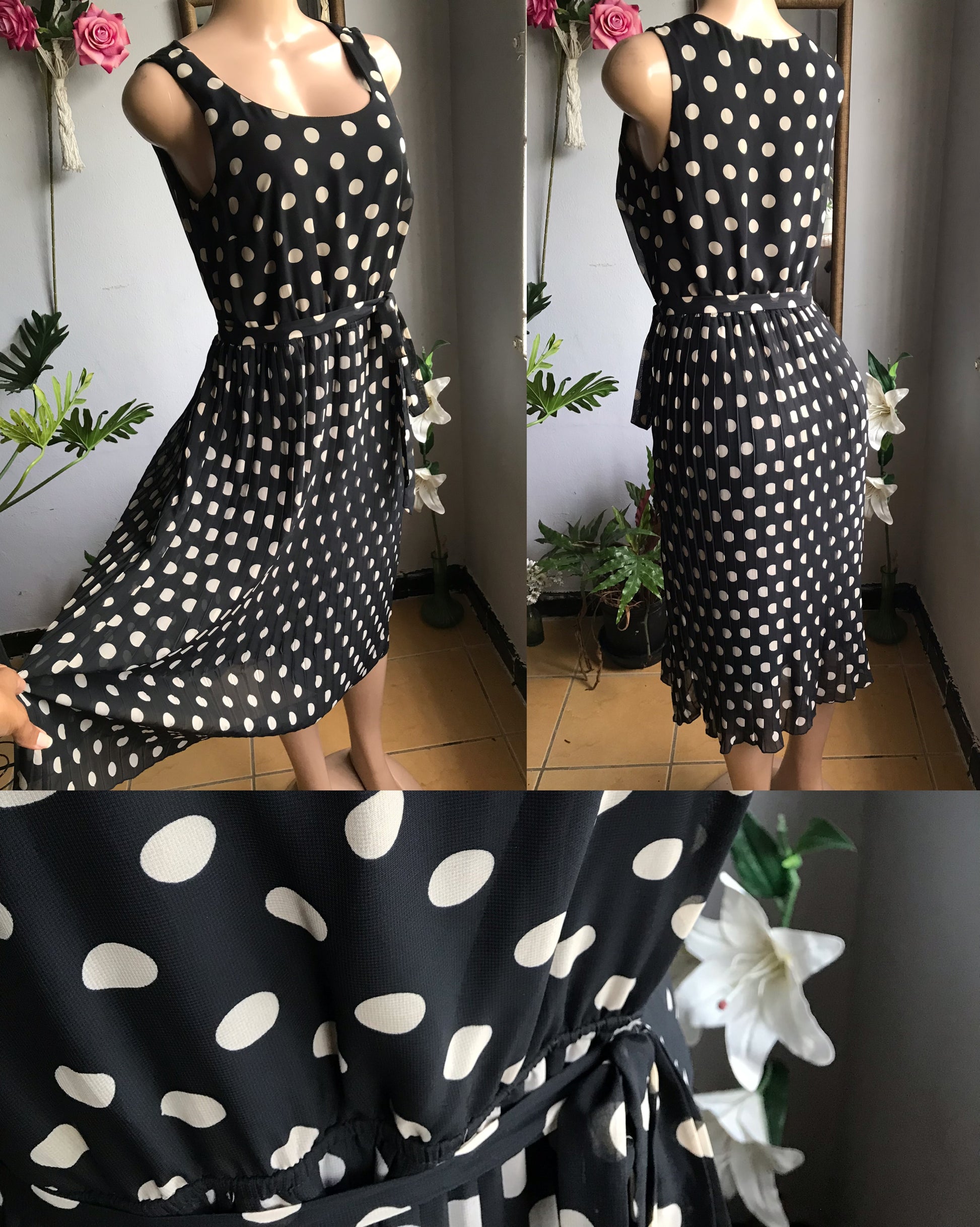 black polka pleat midi dress . M / size 8