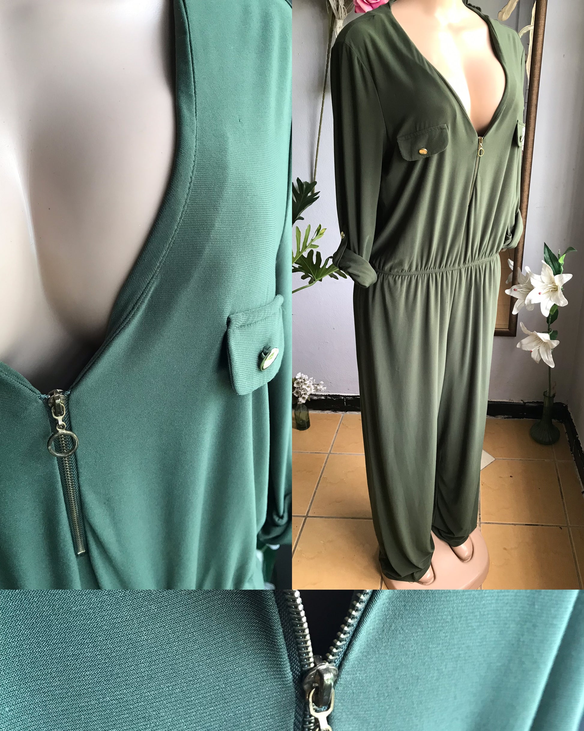 earth green zip jumpsuit easywear cuffed ~~~ Large to plus