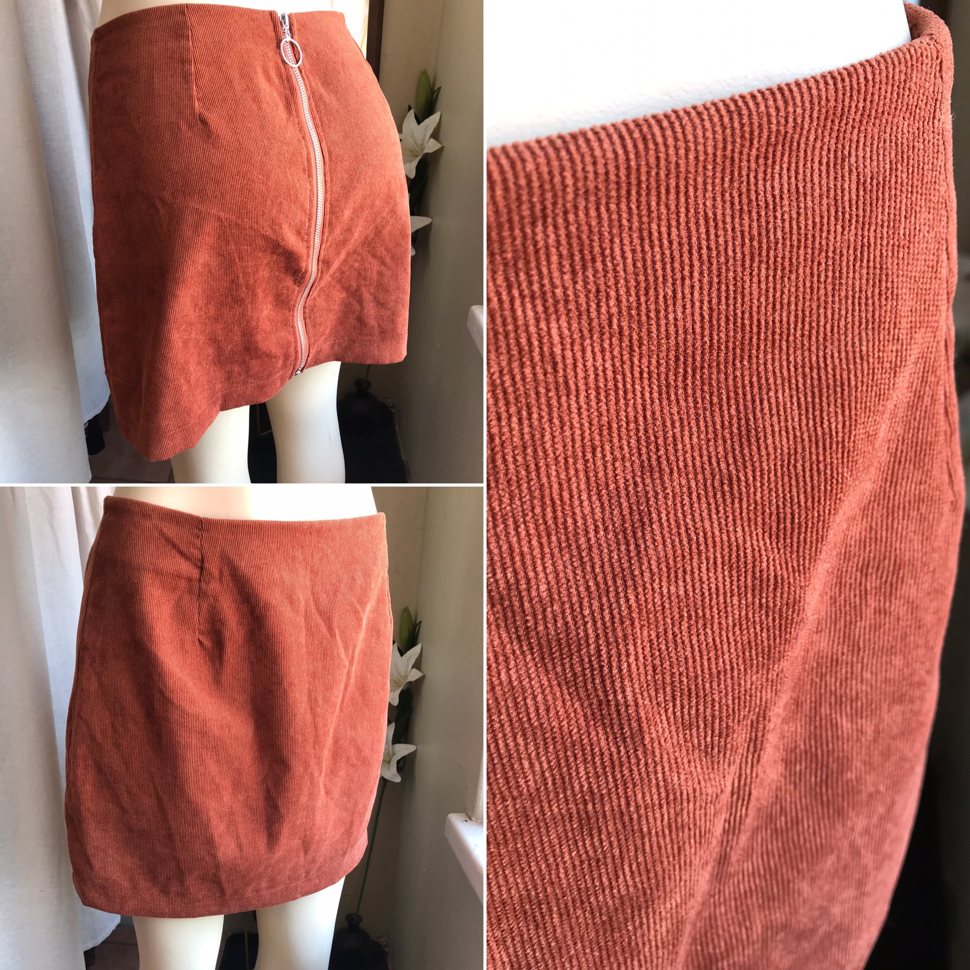 rust corduroy zip back a line mini skirt retro style m