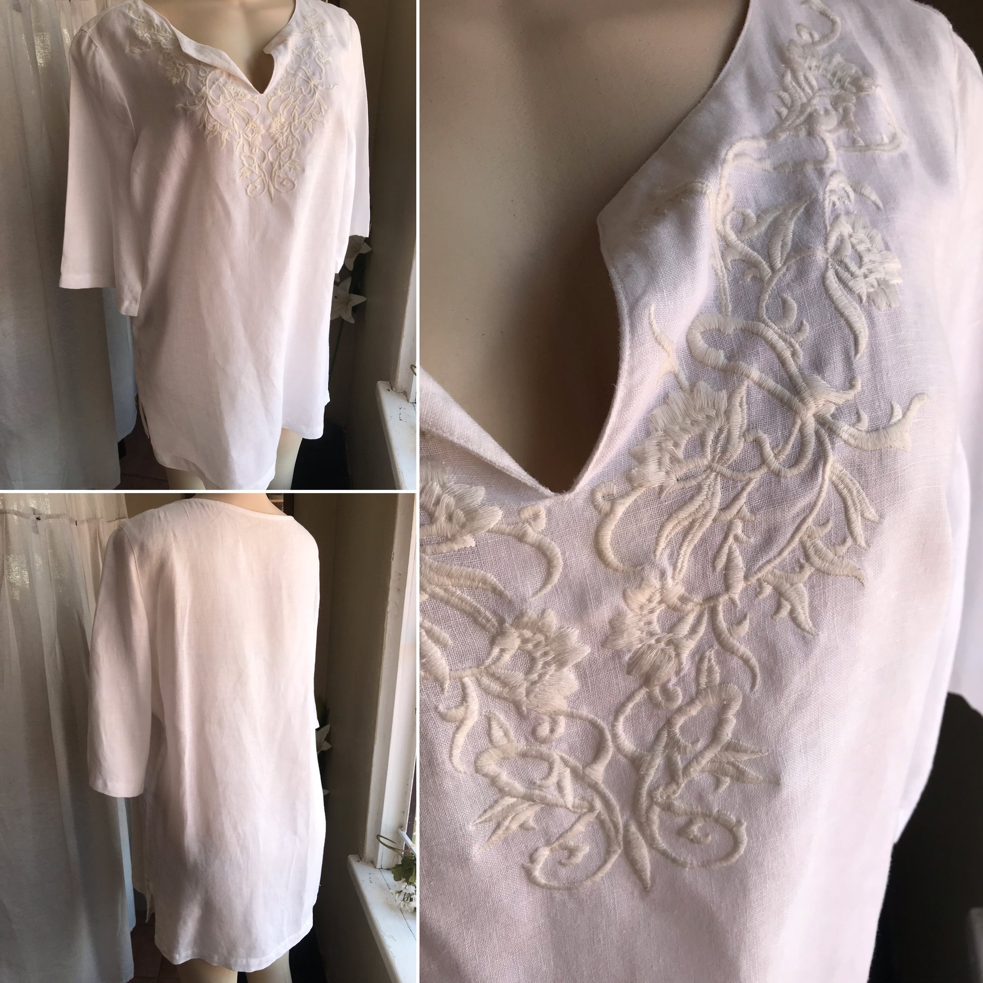 vintage linen cream embroidery collar blouse ... L/XL ,,, ^^^