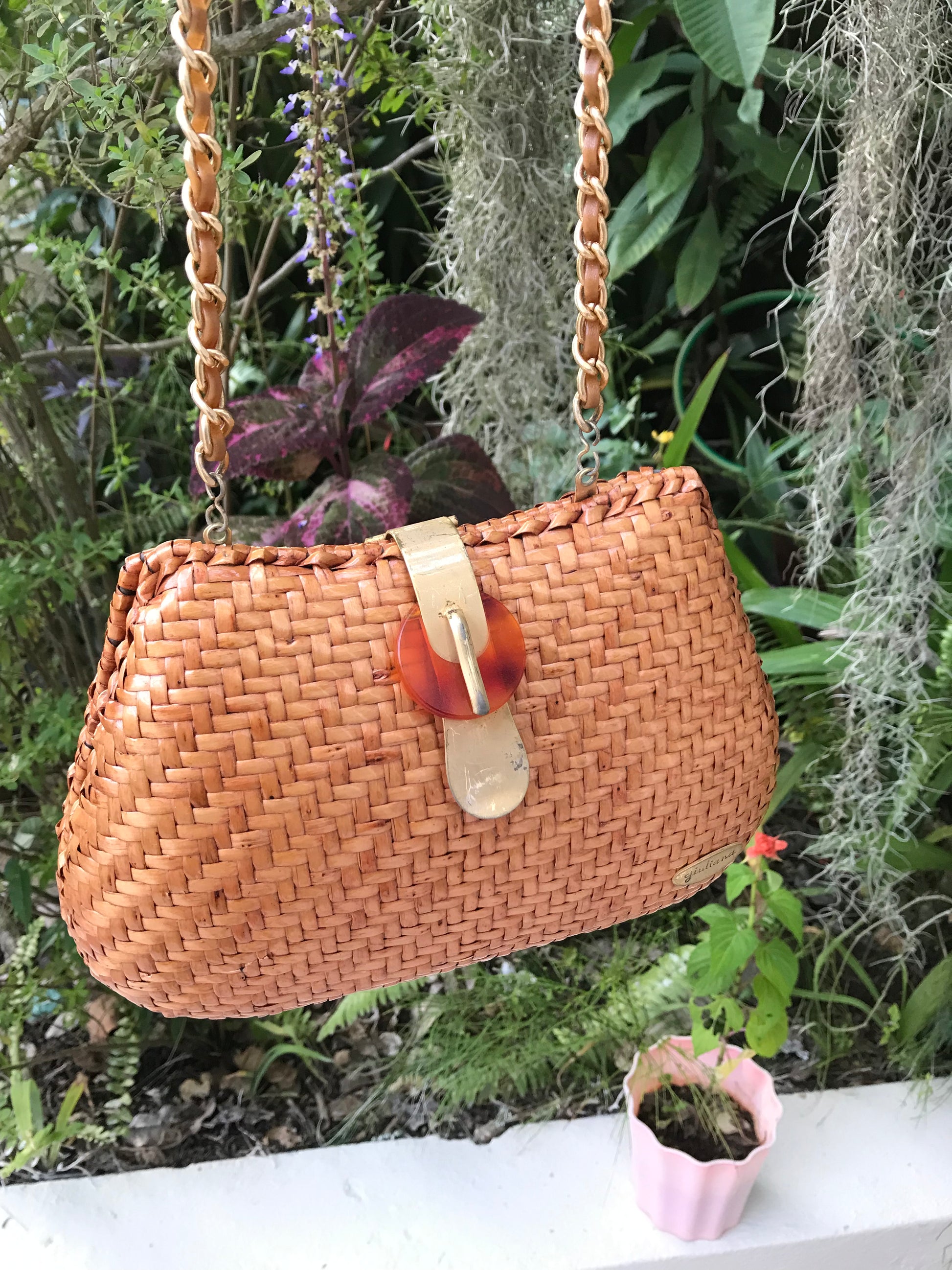 Vintage woven crossbody bag gold chain ^^^