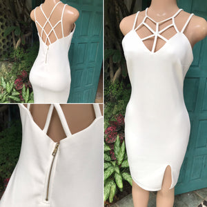 White Bodycon cocktail dress Slit neck spaghetti detail /XL