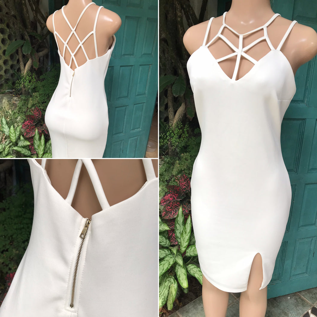 White Bodycon cocktail dress Slit neck spaghetti detail /XL