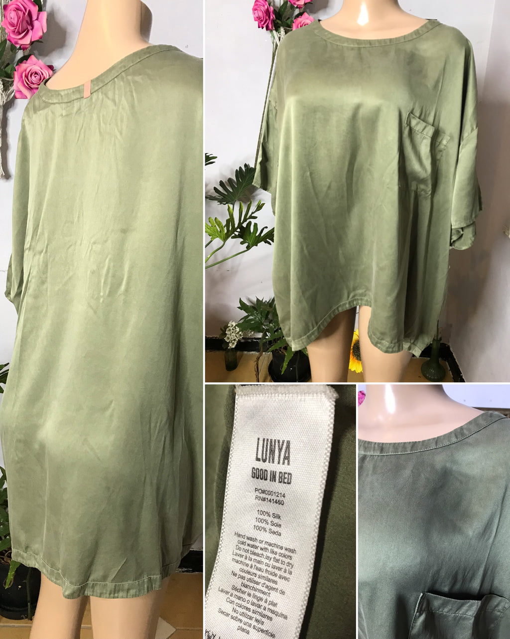 100% silk earth green wide shirt with pocket ^^^ XL/ plus to 2X ,,,