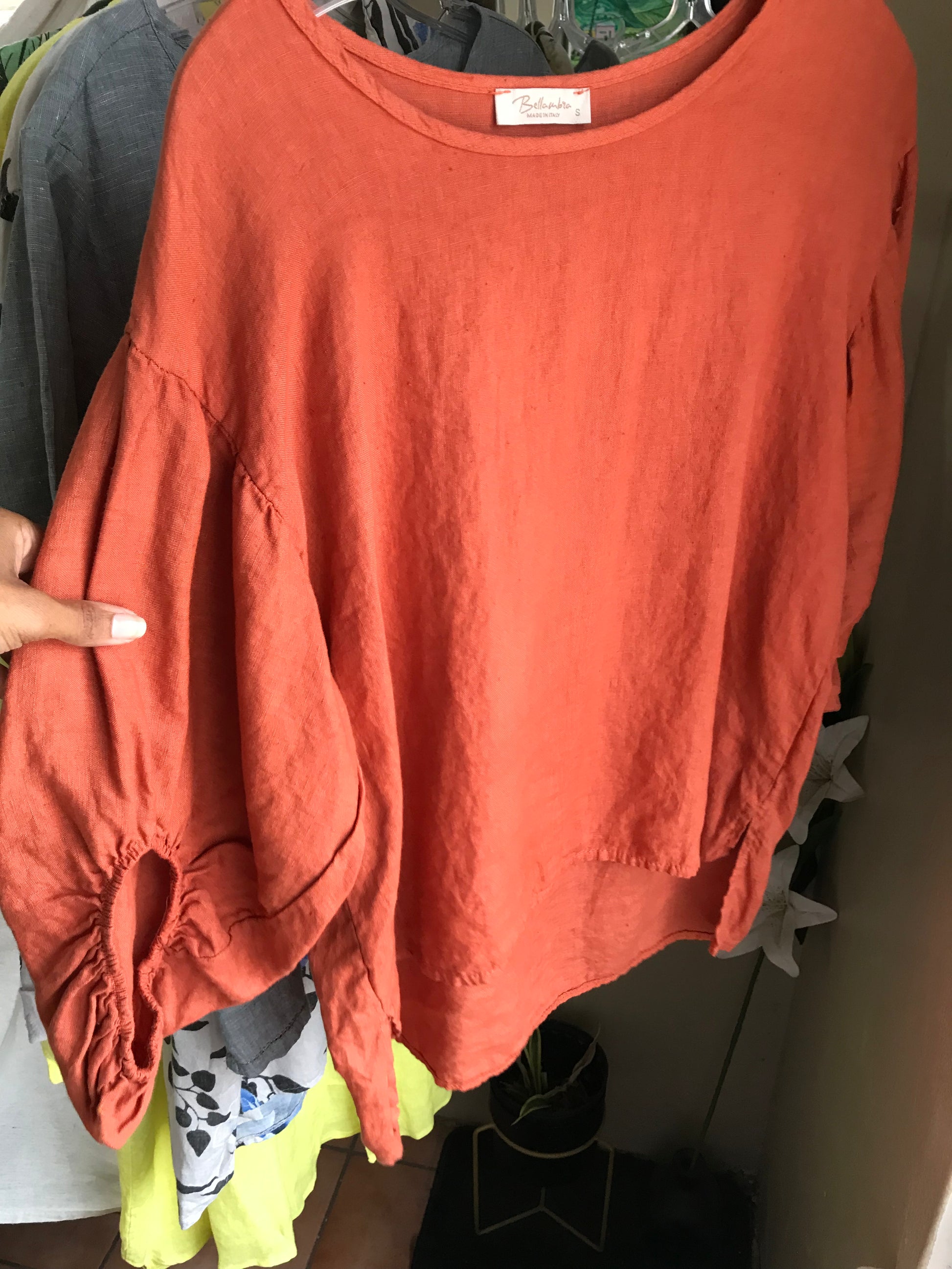Rust linen scrunch sleeve blouse vintage L fit