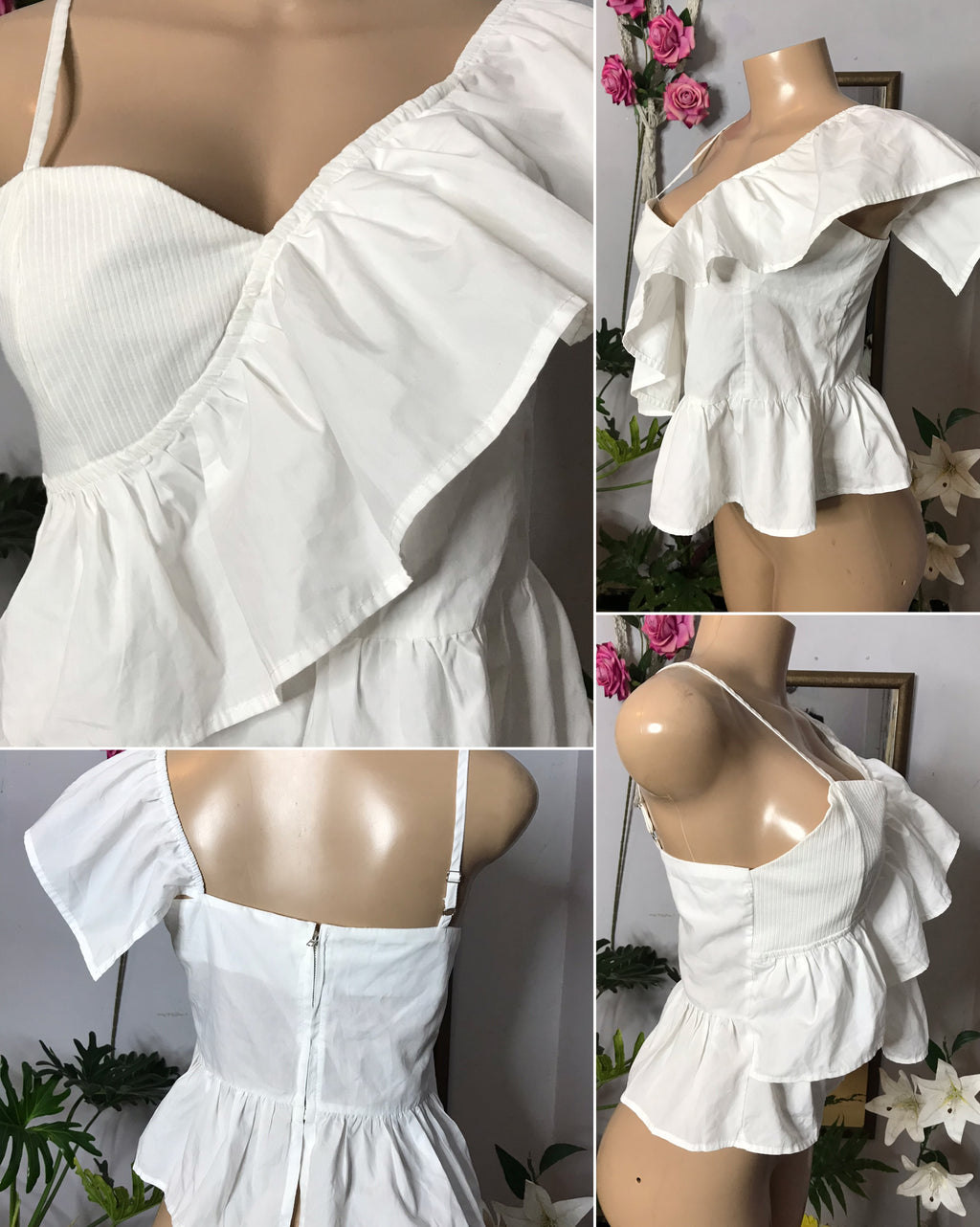 Cotton blend white asymmetrical ruffle vacay blouse… m,,,