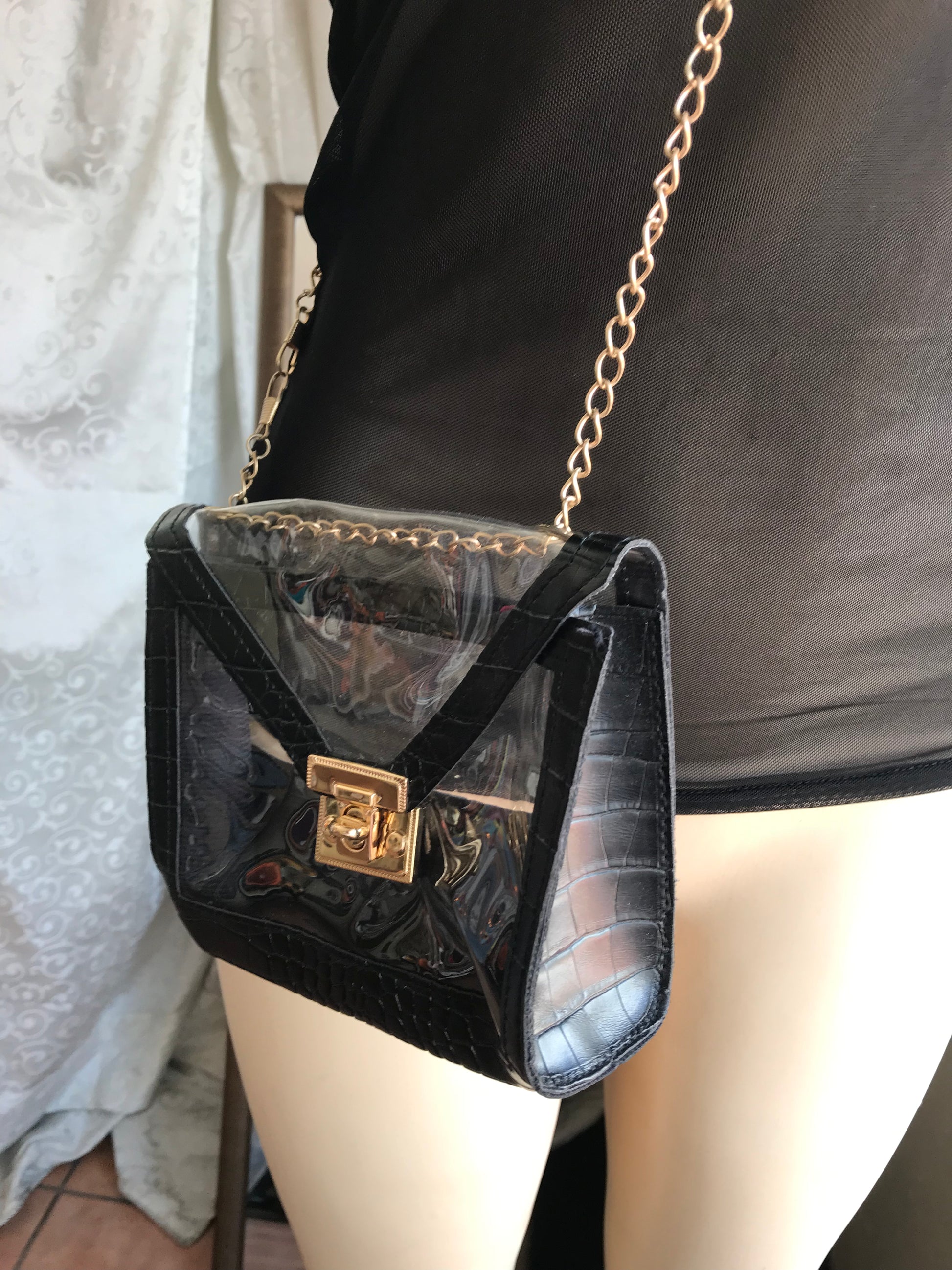 See through mini crossbody bag with gold chain : black