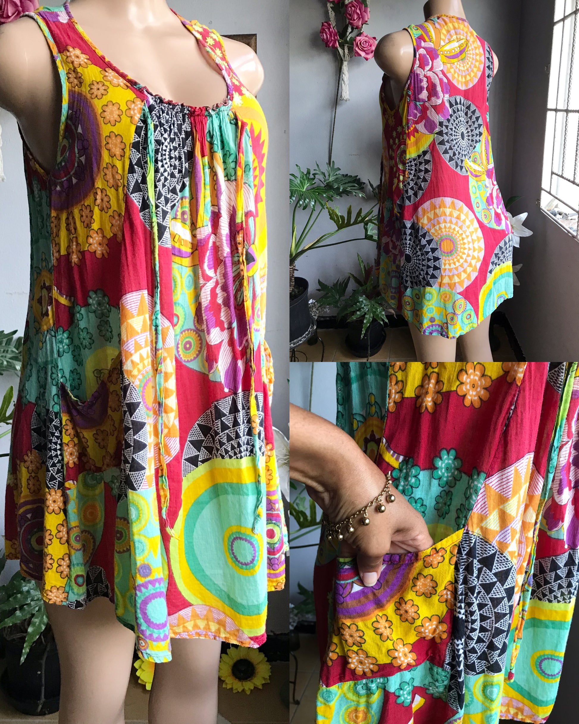 cotton summer mini dress hippie multicolour print ,,, one size fits most