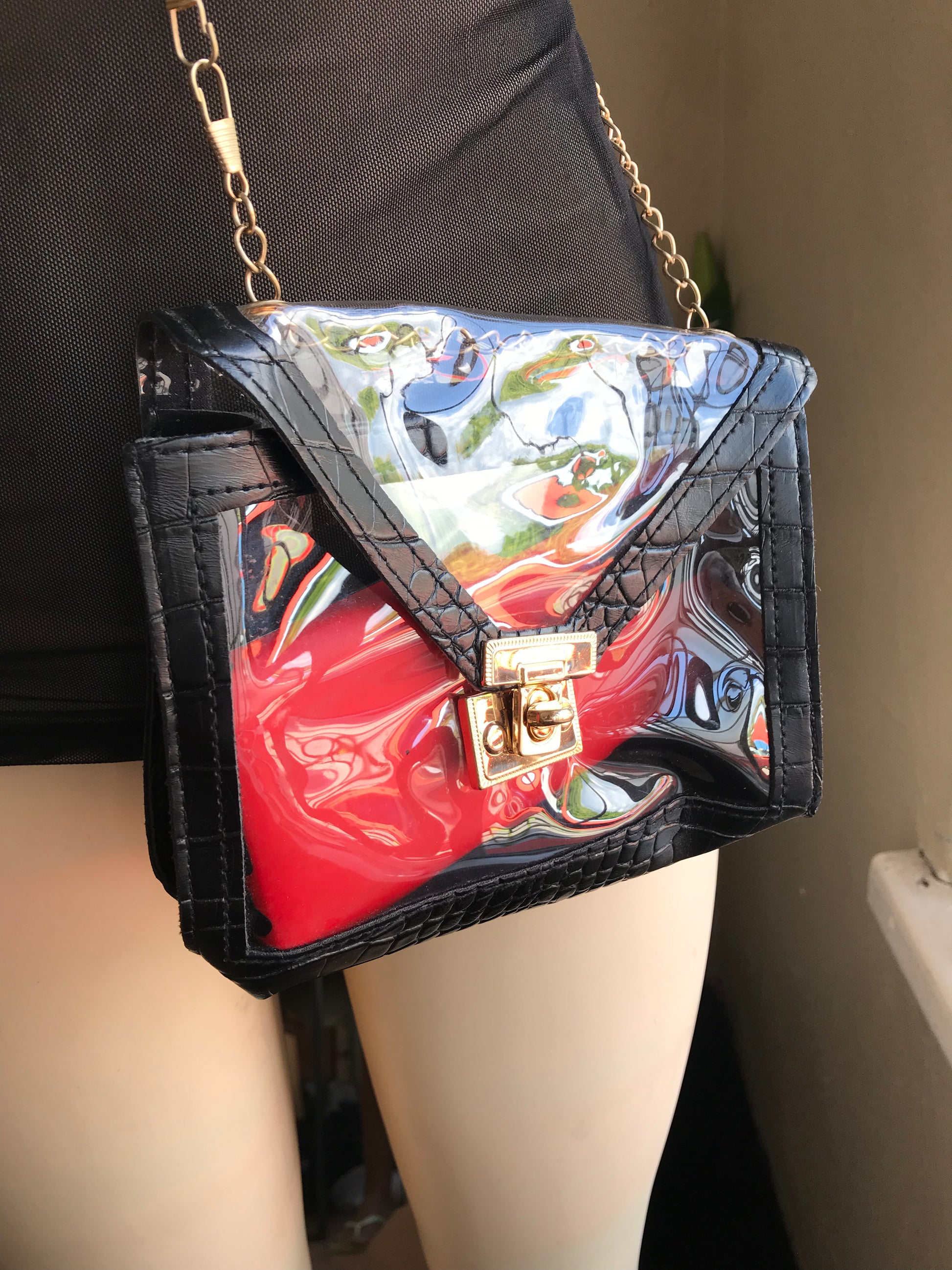 See through mini crossbody bag with gold chain : black