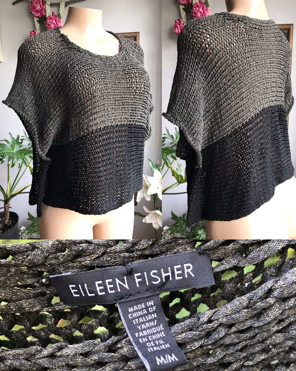 Black Gold Block Kimono Sleeve Durable Crochet Knit Top ... M To Large