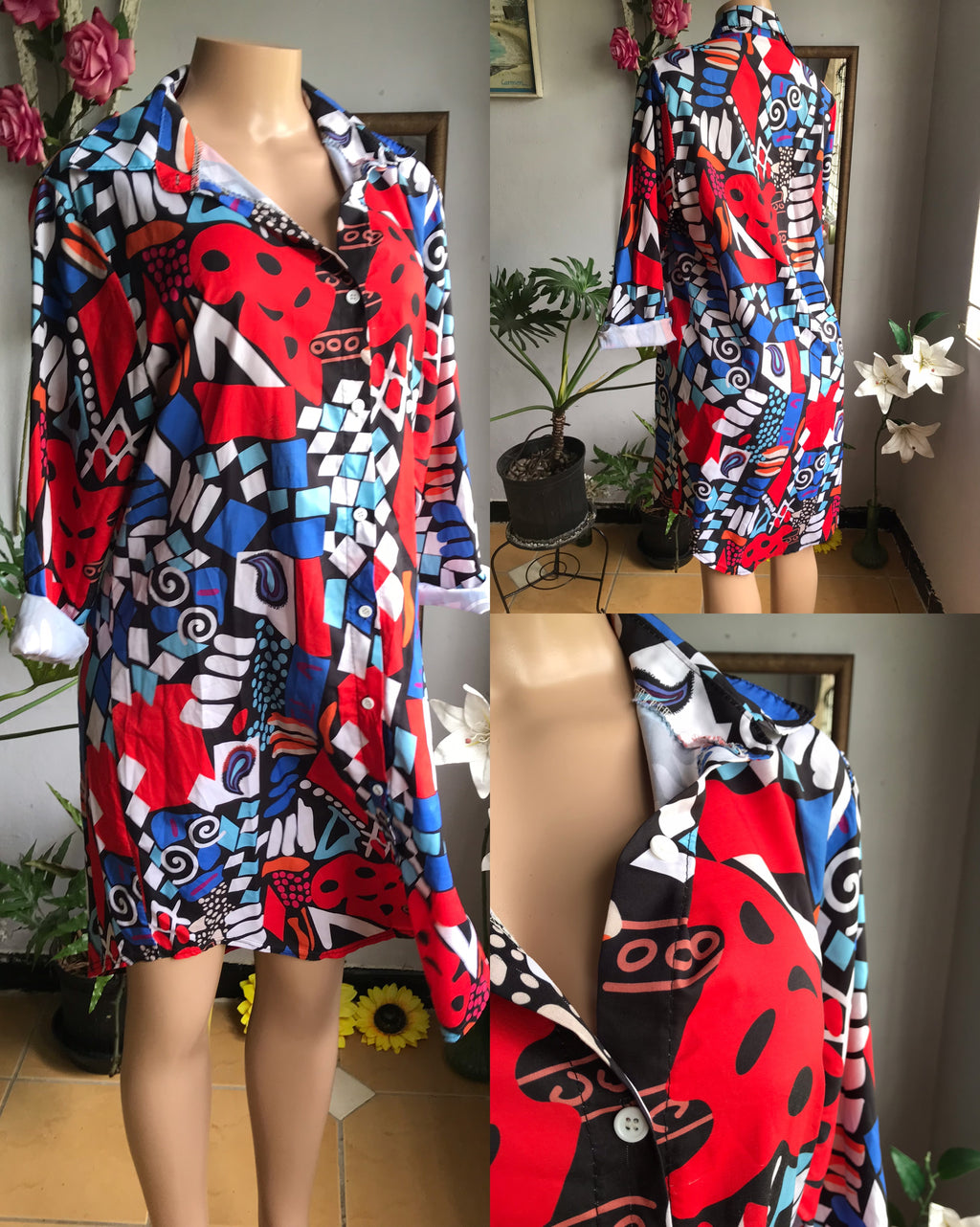 red multicolour bold print shirtdress .. large to plus /XL (stretch)