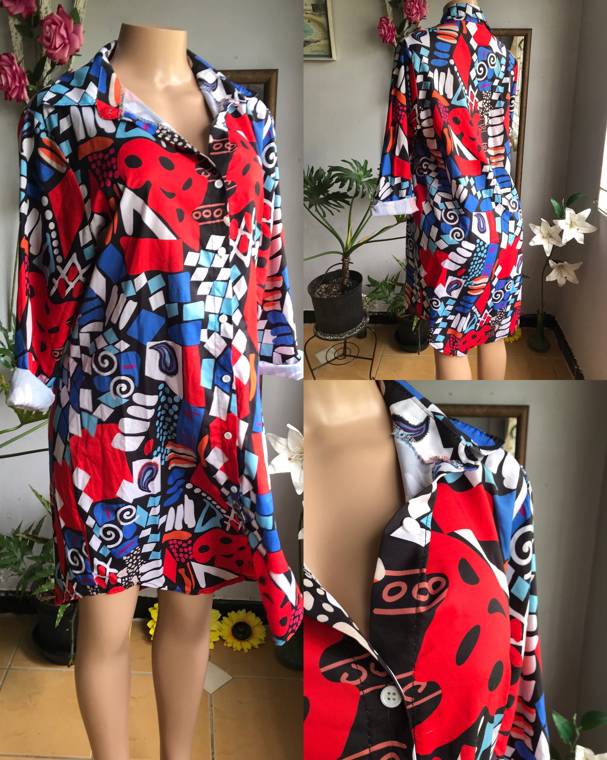red multicolour bold print shirtdress .. large to plus /XL (stretch)