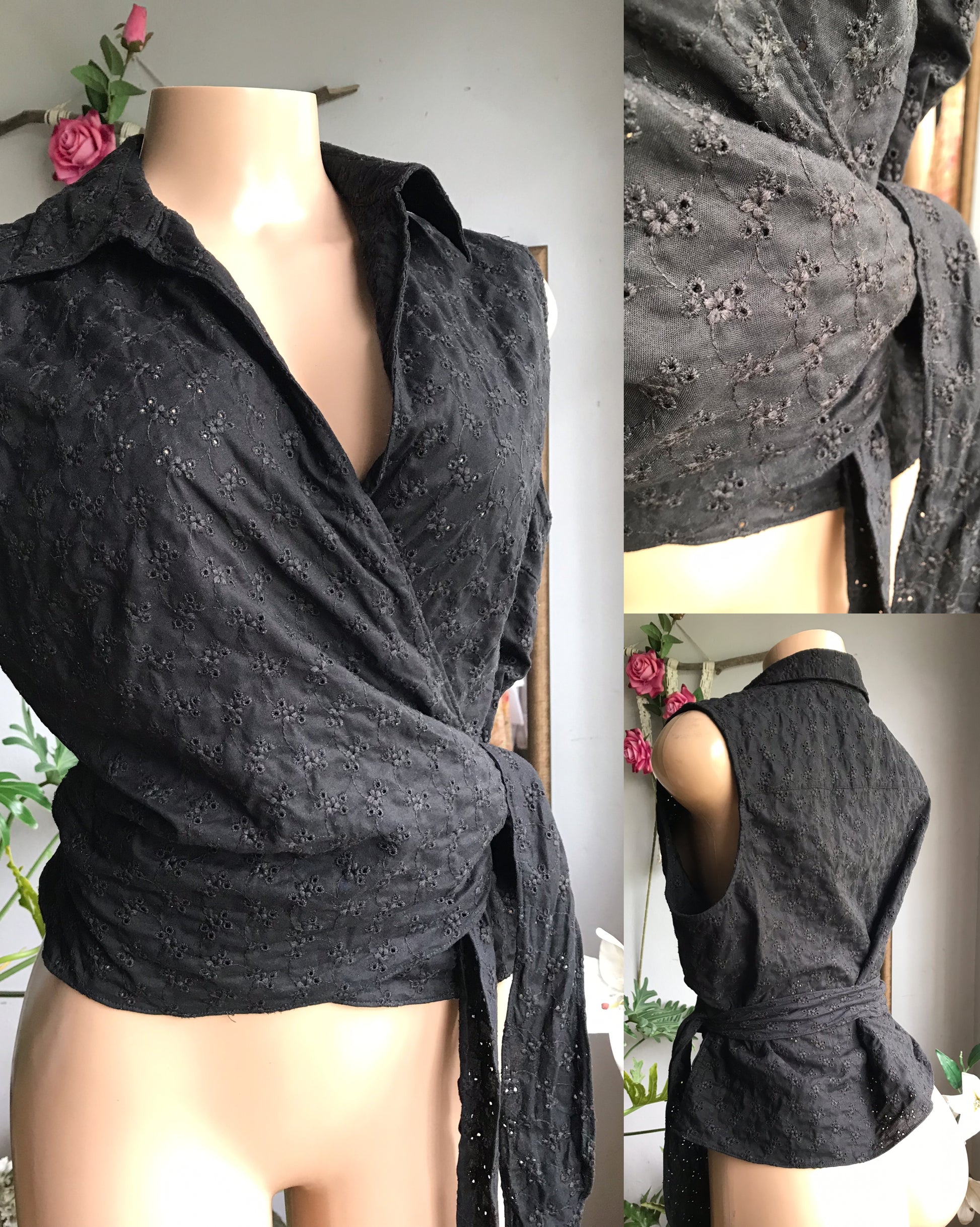 cotton eyelet wrap top black embroidery ... large to plus /XL ,,,