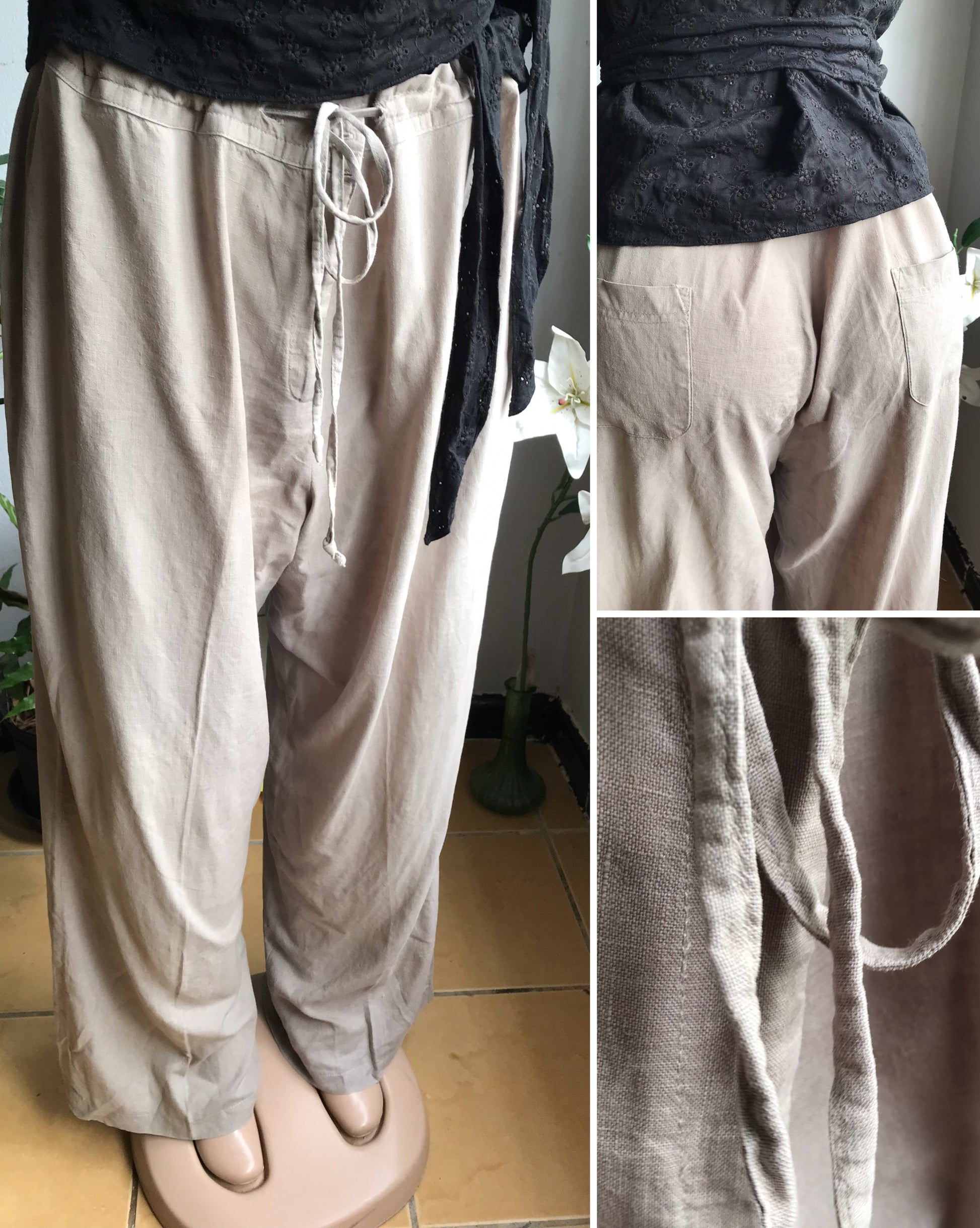 100% linen draw string wide leg pants sand ::: plus /XL to 2X ,,,