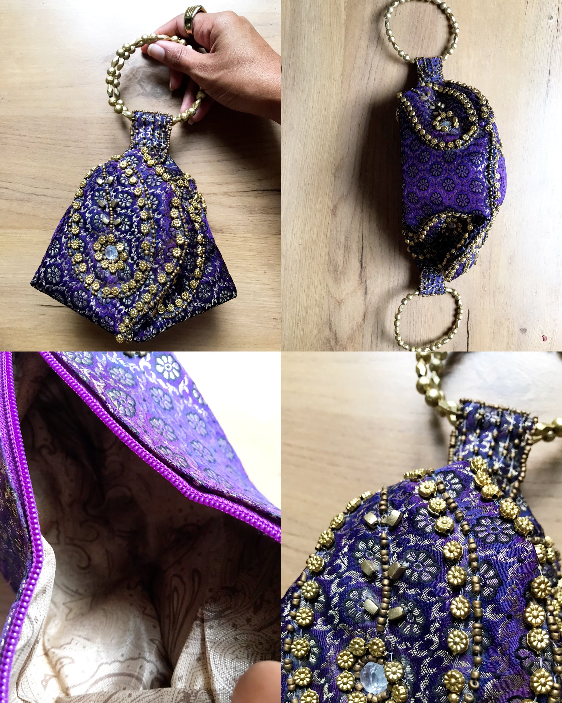 Vintage purple and gold embroidery beaded Potli bag *** Indian silk ^^^