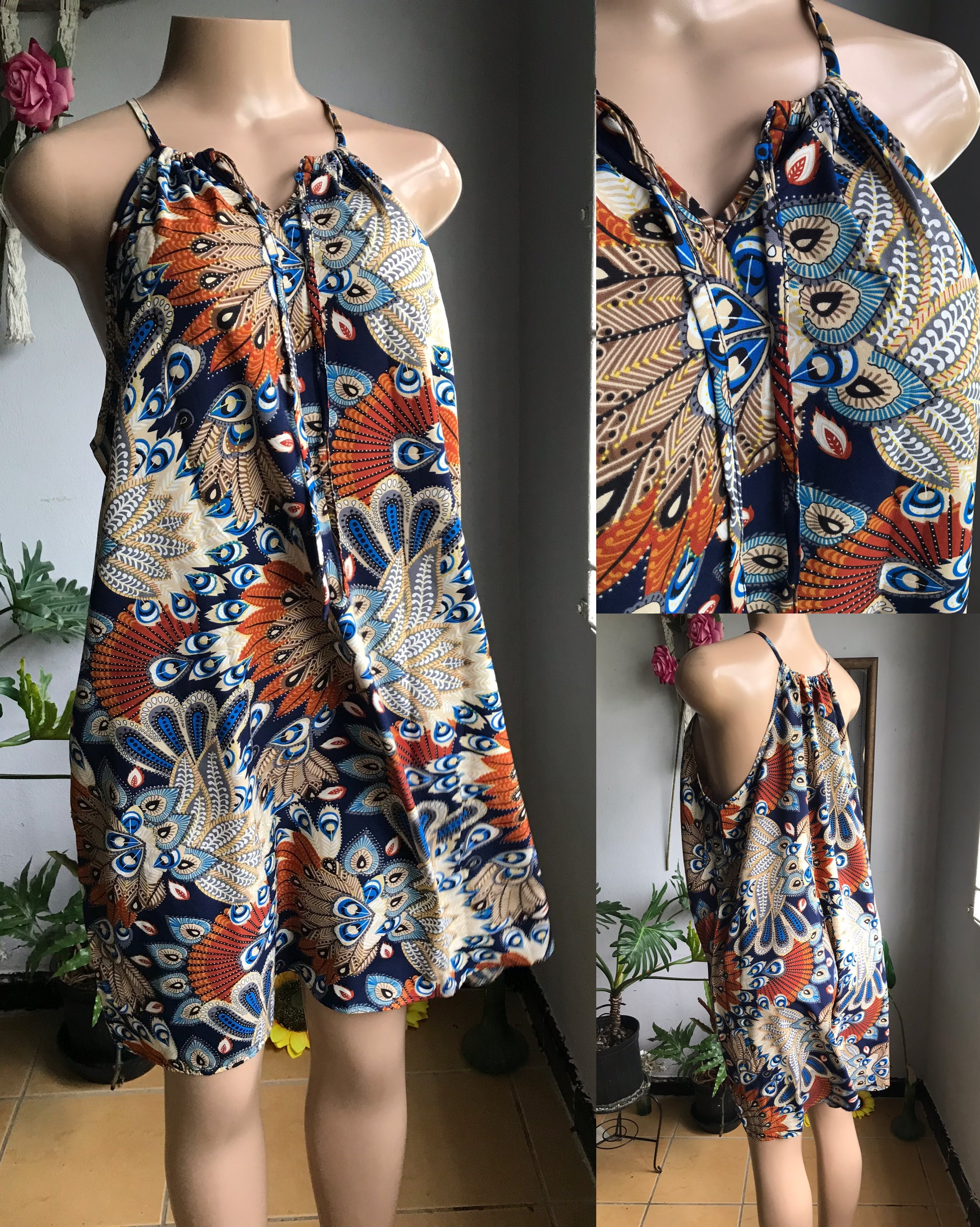 feather print halter dress autumn colours brown . plus / XL