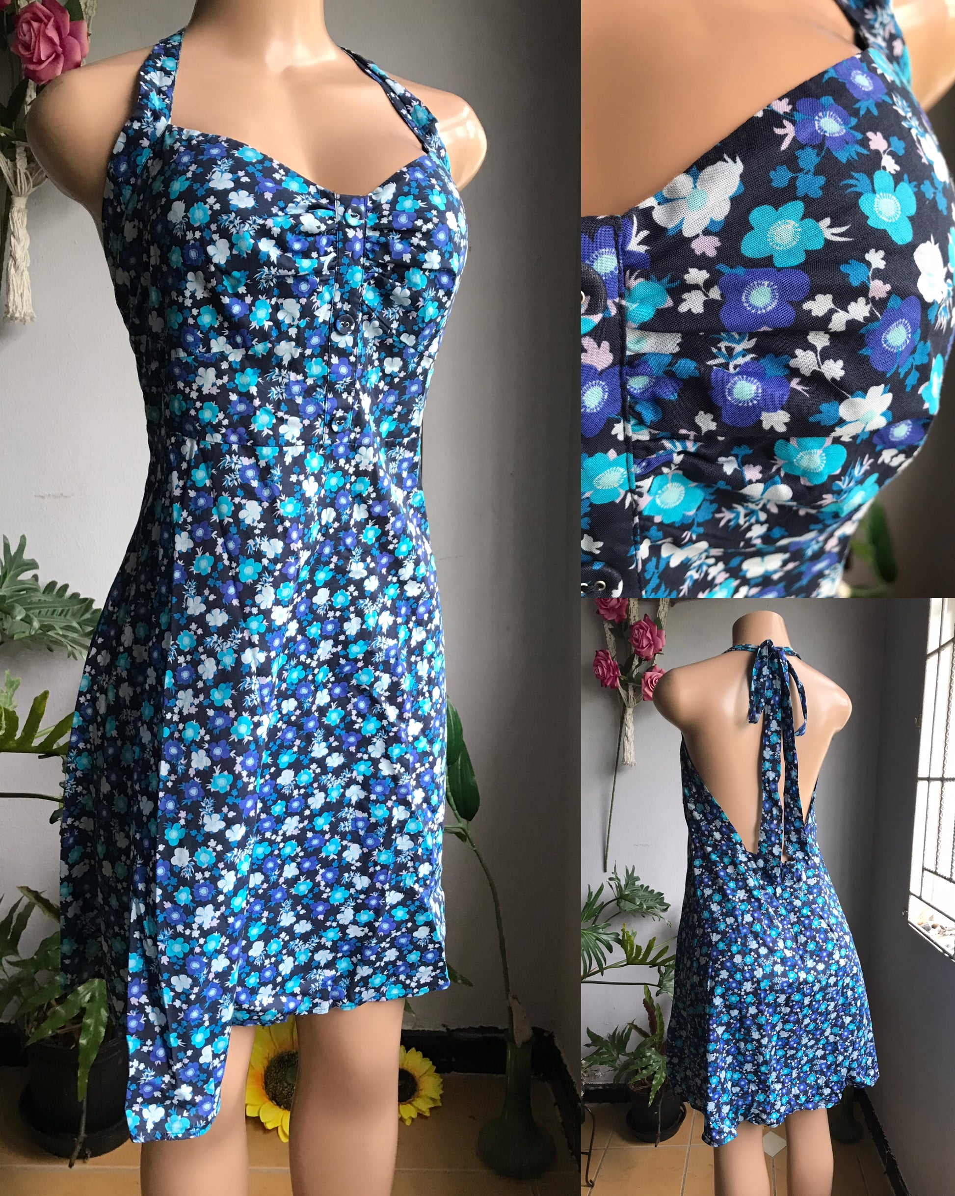 100% cotton light summer dress halter floral blue ,,, plus / XL
