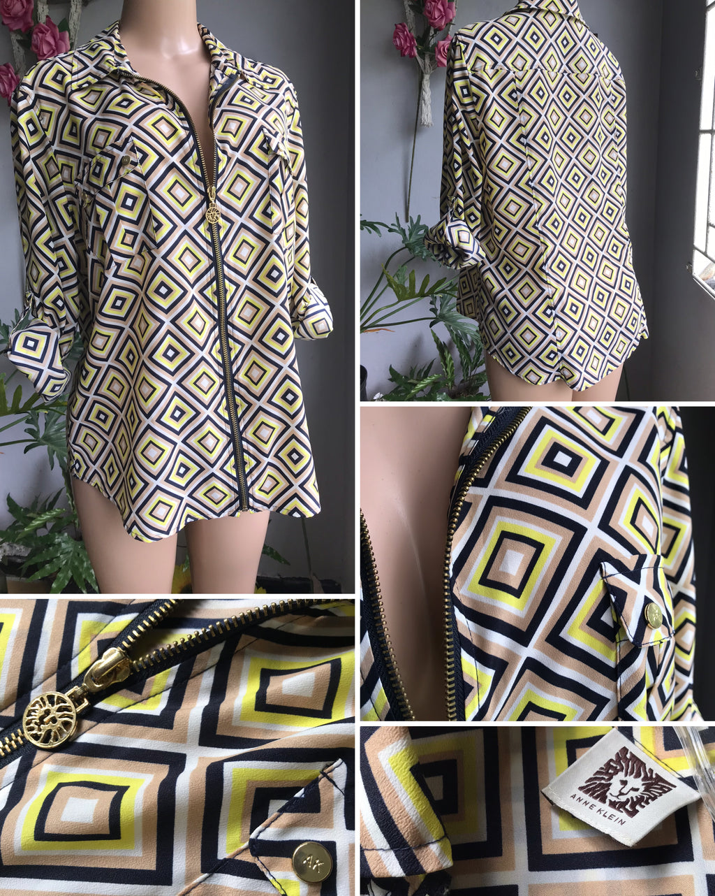 Anne Klein geo print zip front professional blouse cuffed yellow ...  plus / XL