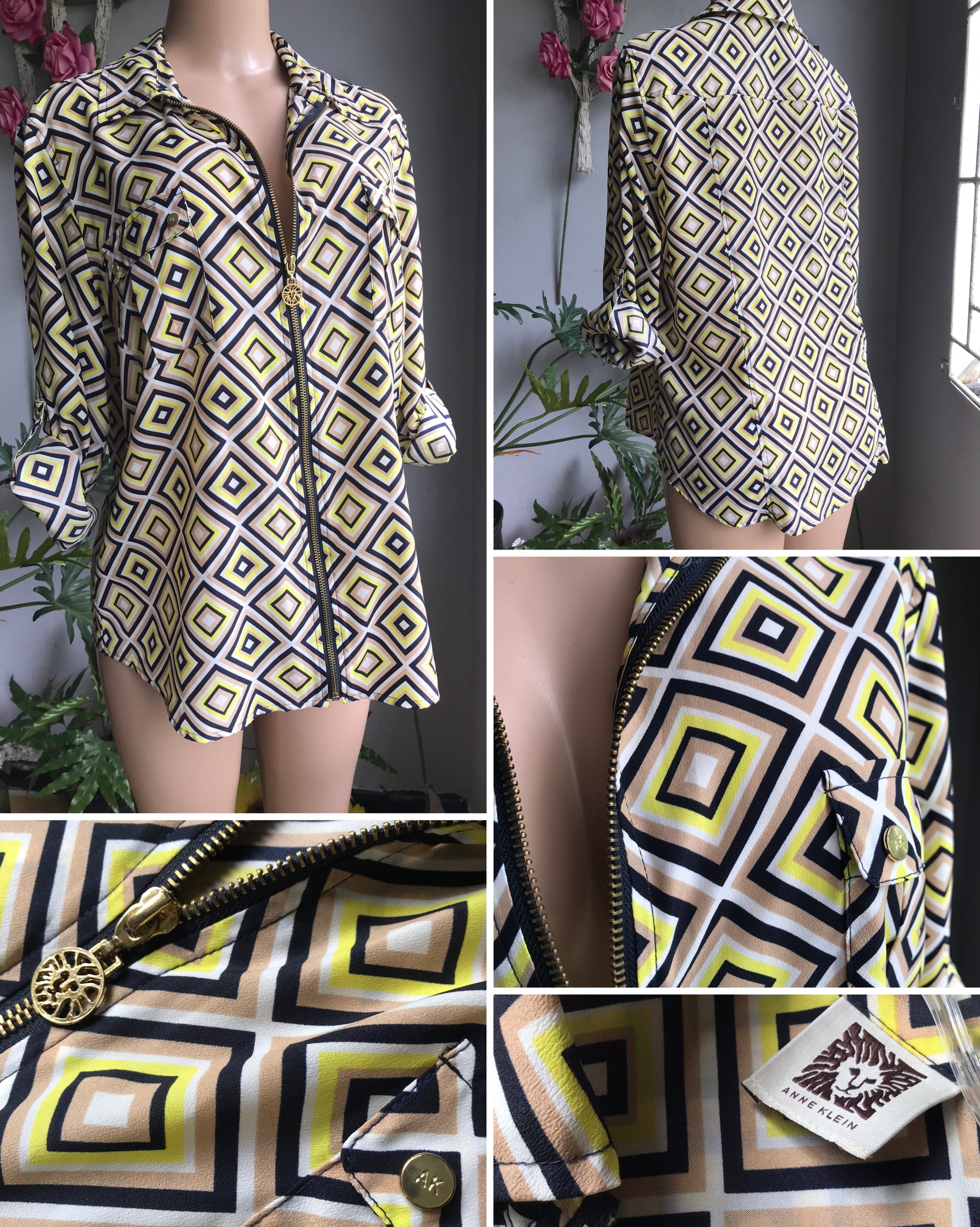 Anne Klein geo print zip front professional blouse cuffed yellow ...  plus / XL