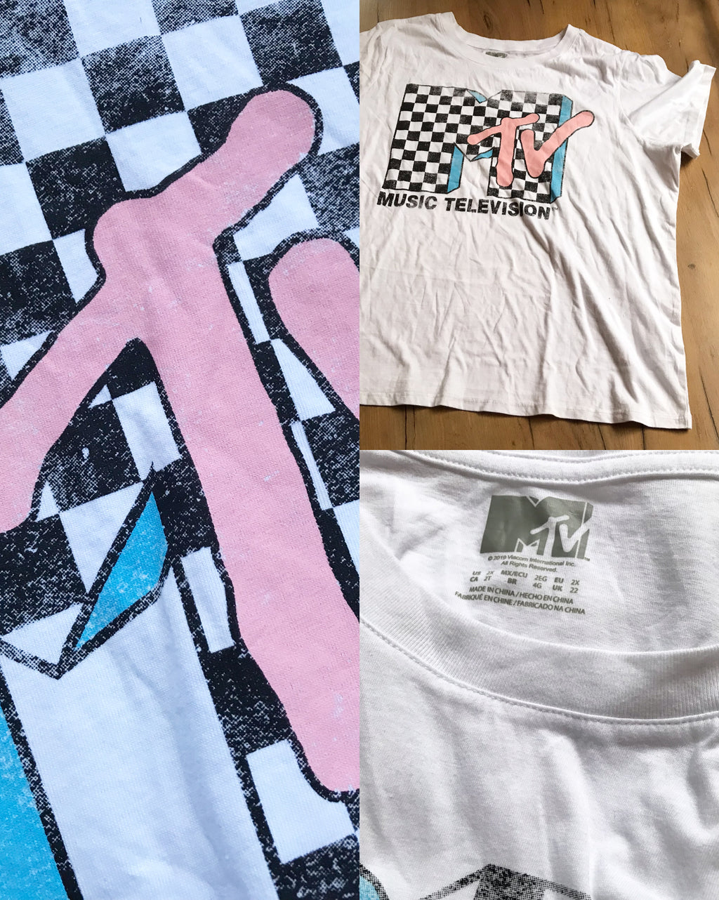 MTV vintage white graphic tee ;;; cotton ...  plus : 2X ,,,