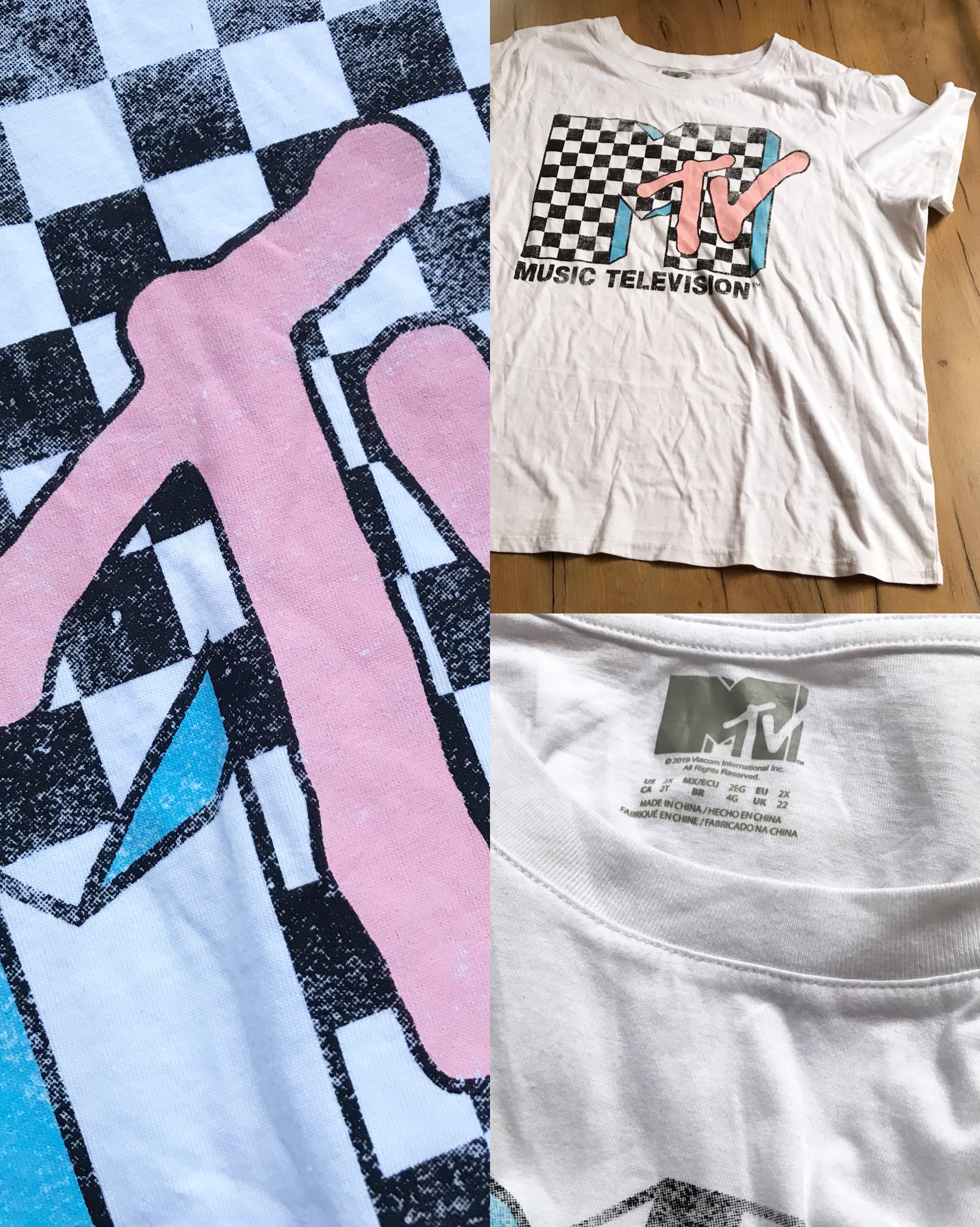 MTV vintage white graphic tee ;;; cotton ...  plus : 2X ,,,