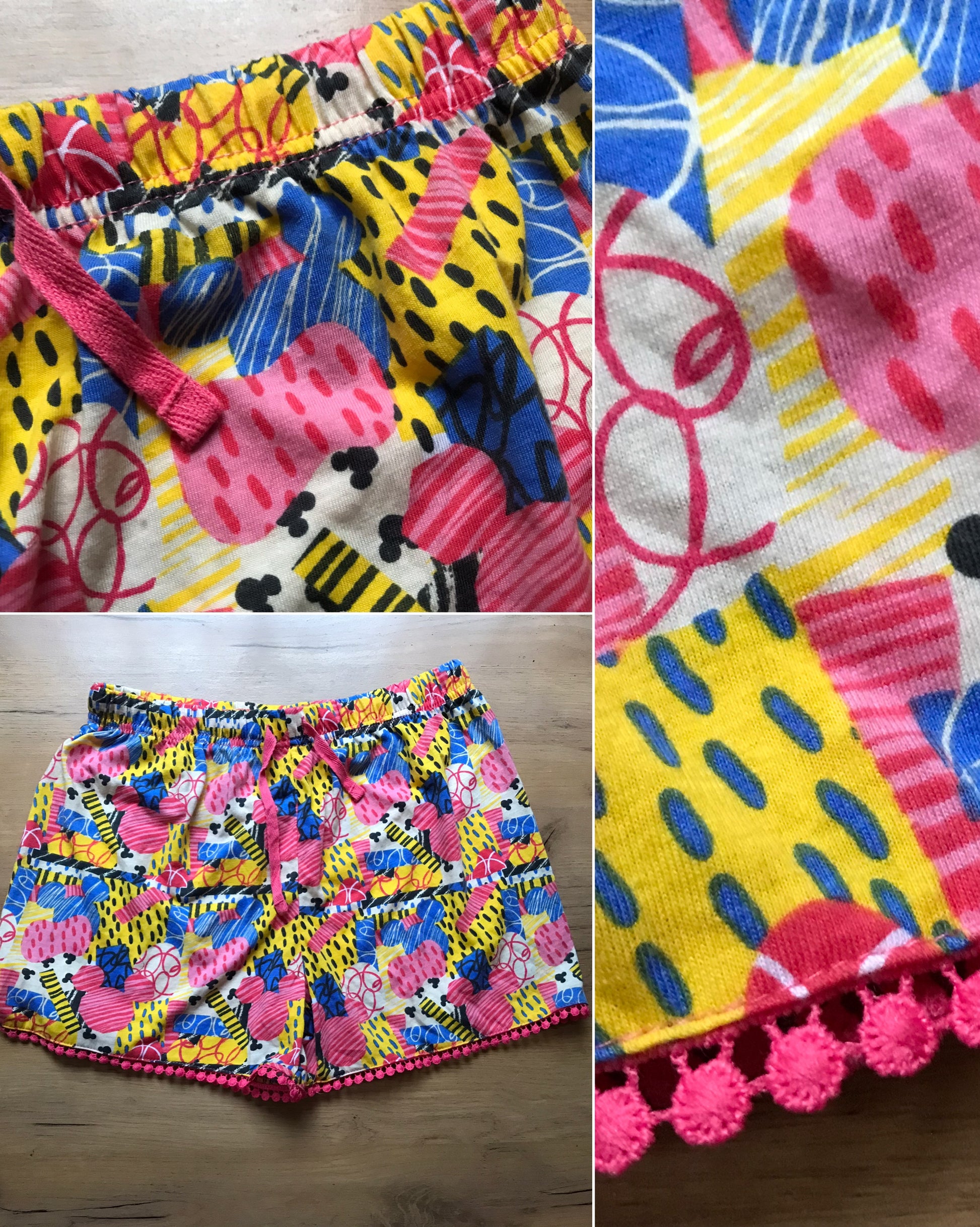 Disney Mickey multi print coral draw string shorts with tassel trim . S/M . unworn ,,, cotton blend