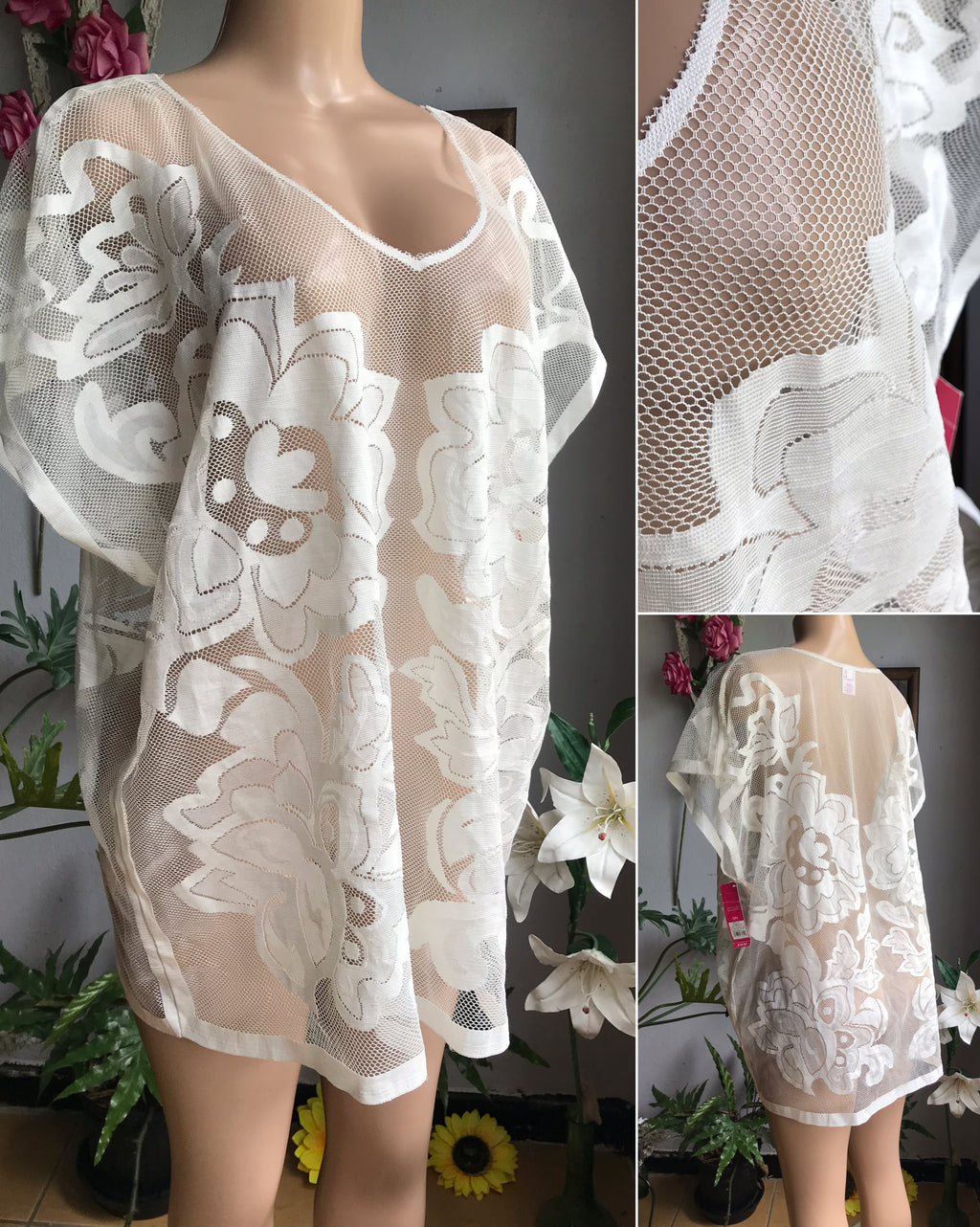 New with tag White lace curtain kimono cover / top / mini dress … one size incl plus