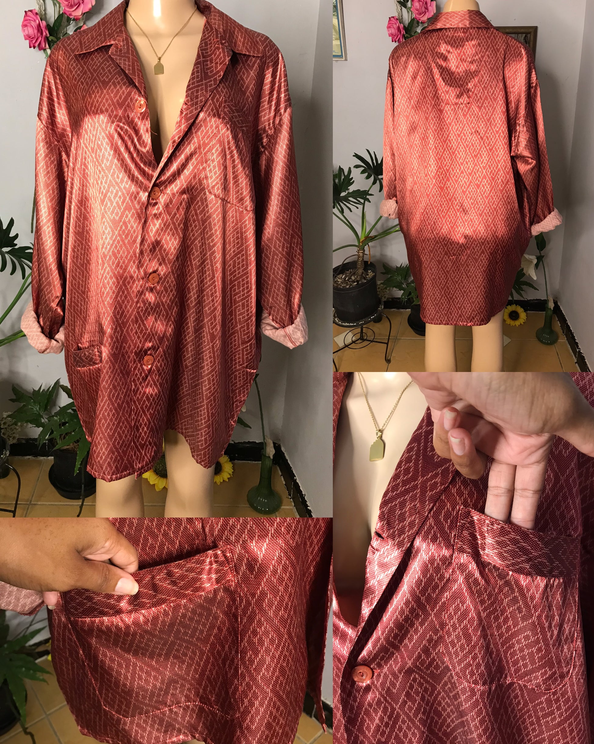 maroon silky print pajama shirt/dress ... fits up to plus/XL