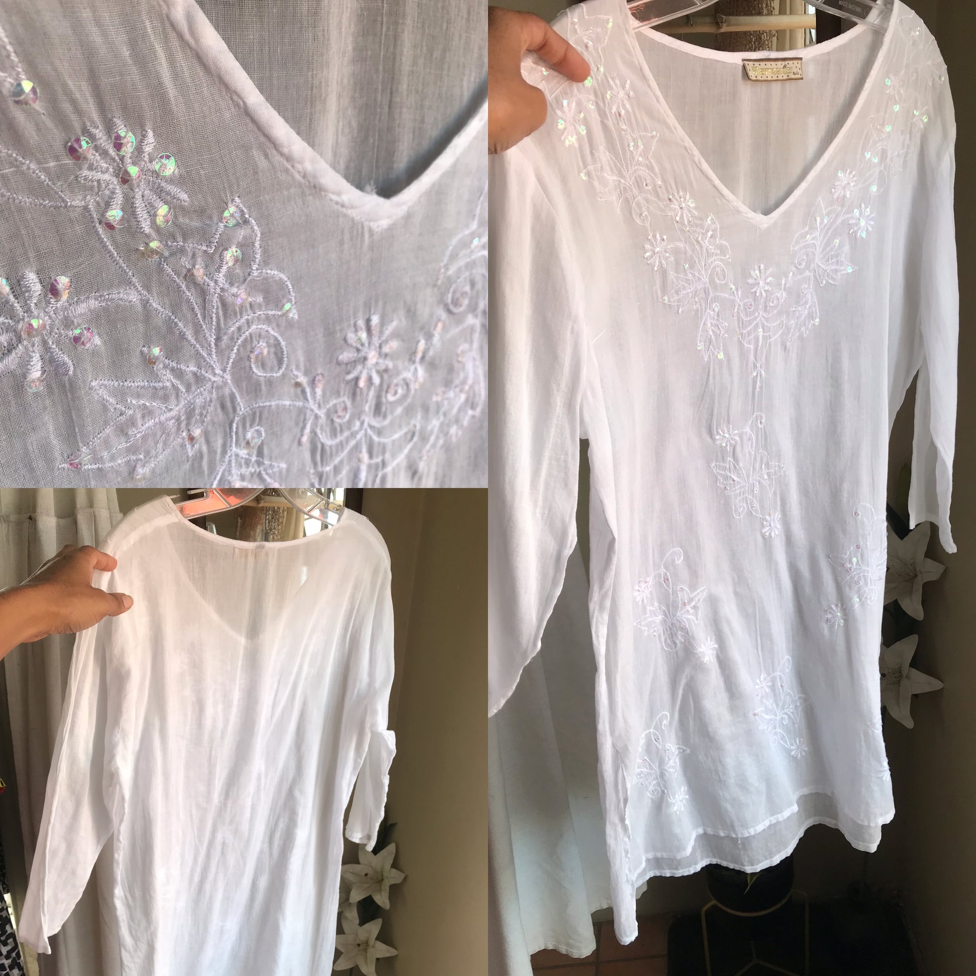 white organic light shirt dress indian style sequin side slit ,,, m