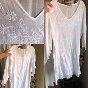 white organic light shirt dress indian style sequin side slit ,,, m
