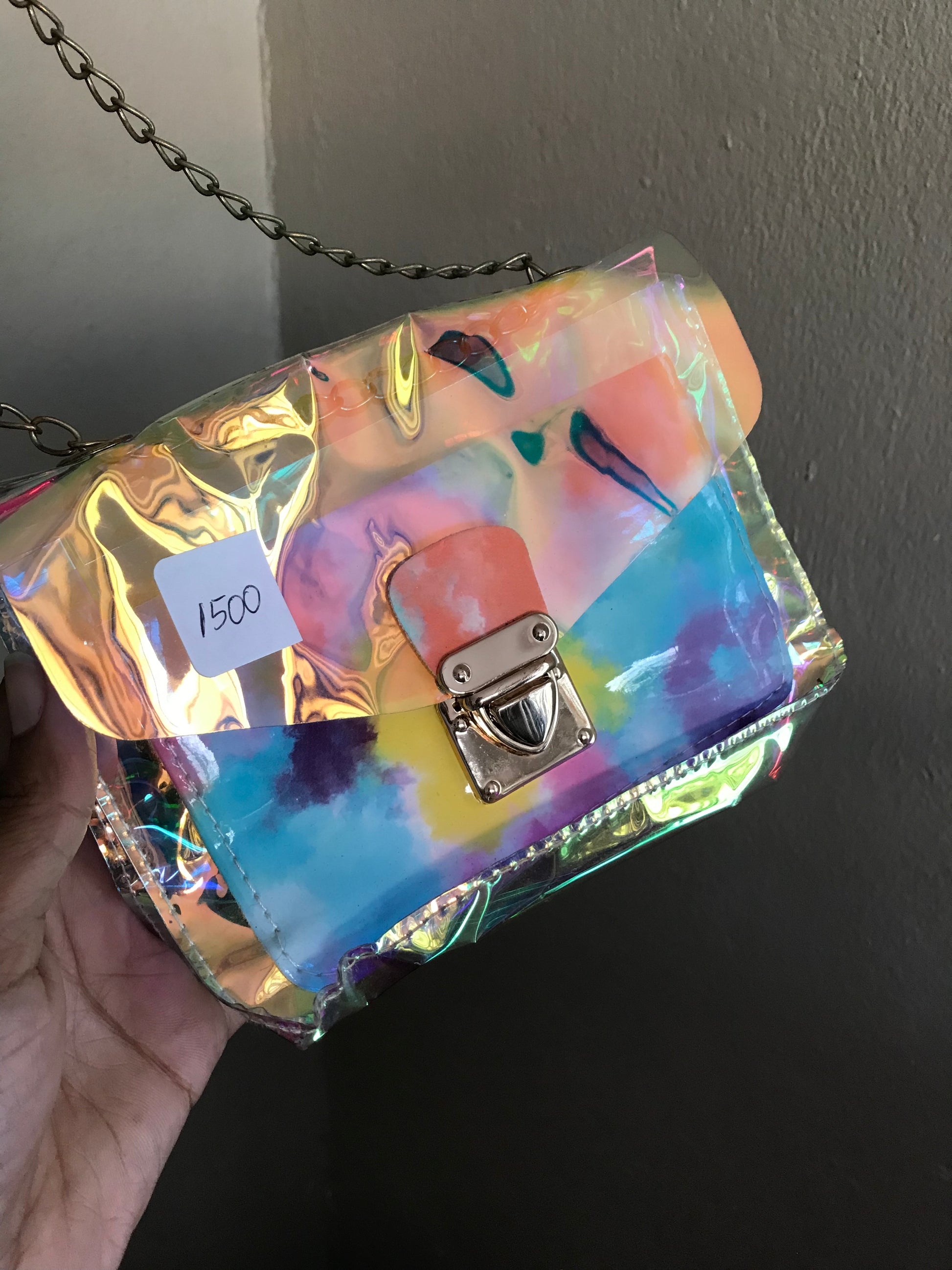 Like new rainbow reflective crossbody bag gold chain
