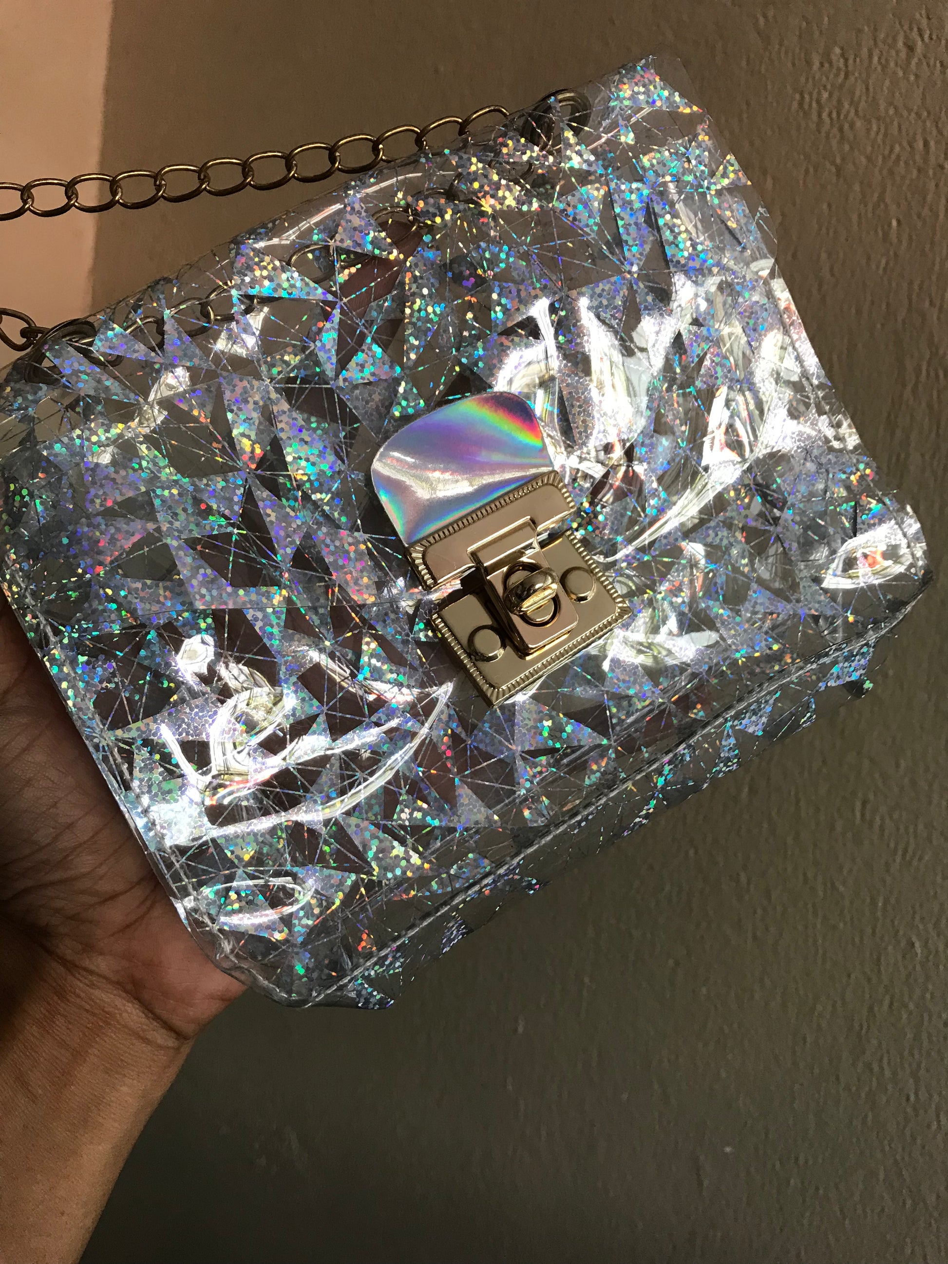 Like new Clear rainbow reflective crossbody bag gold chain