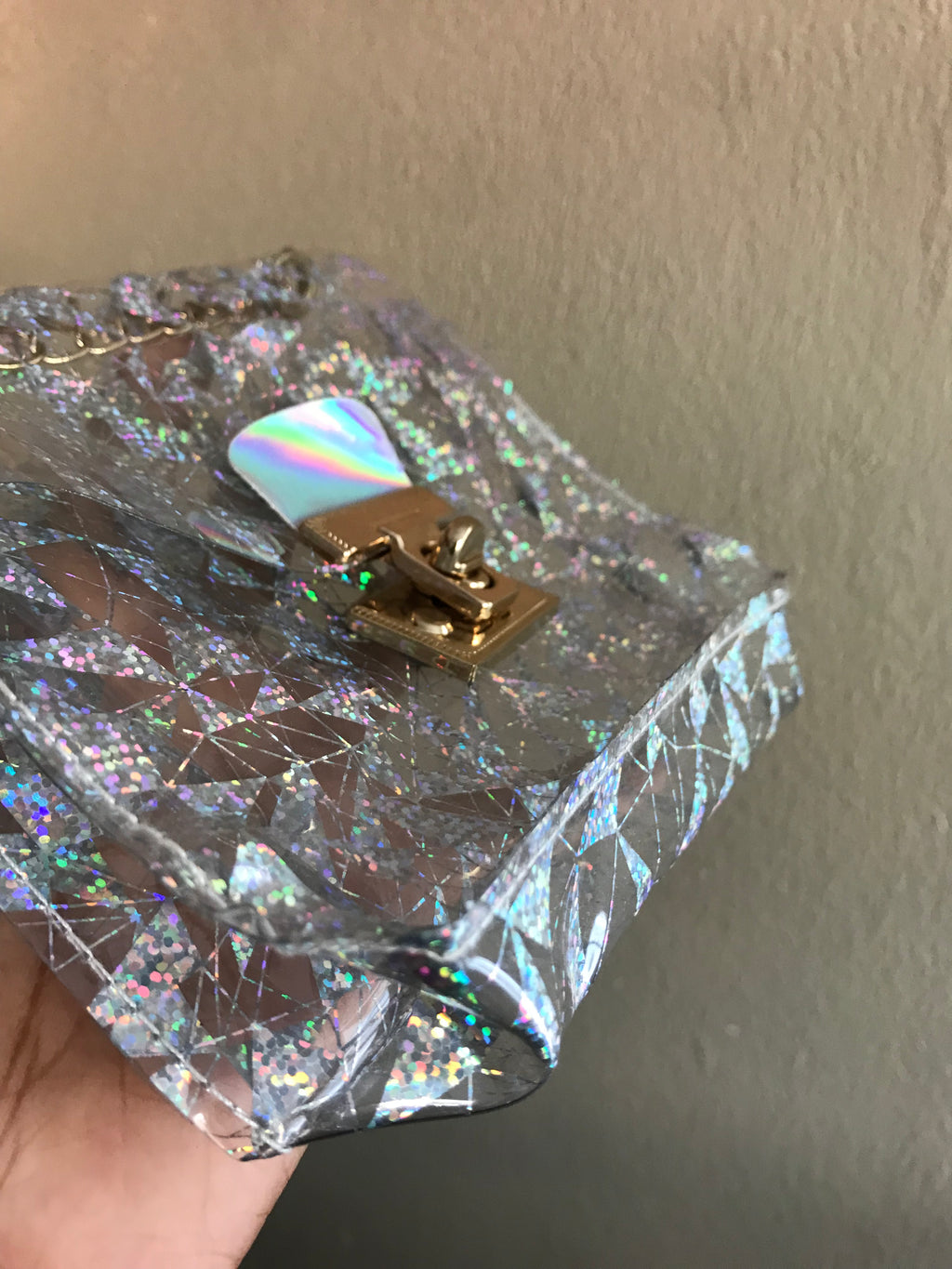 Like new Clear rainbow reflective crossbody bag gold chain