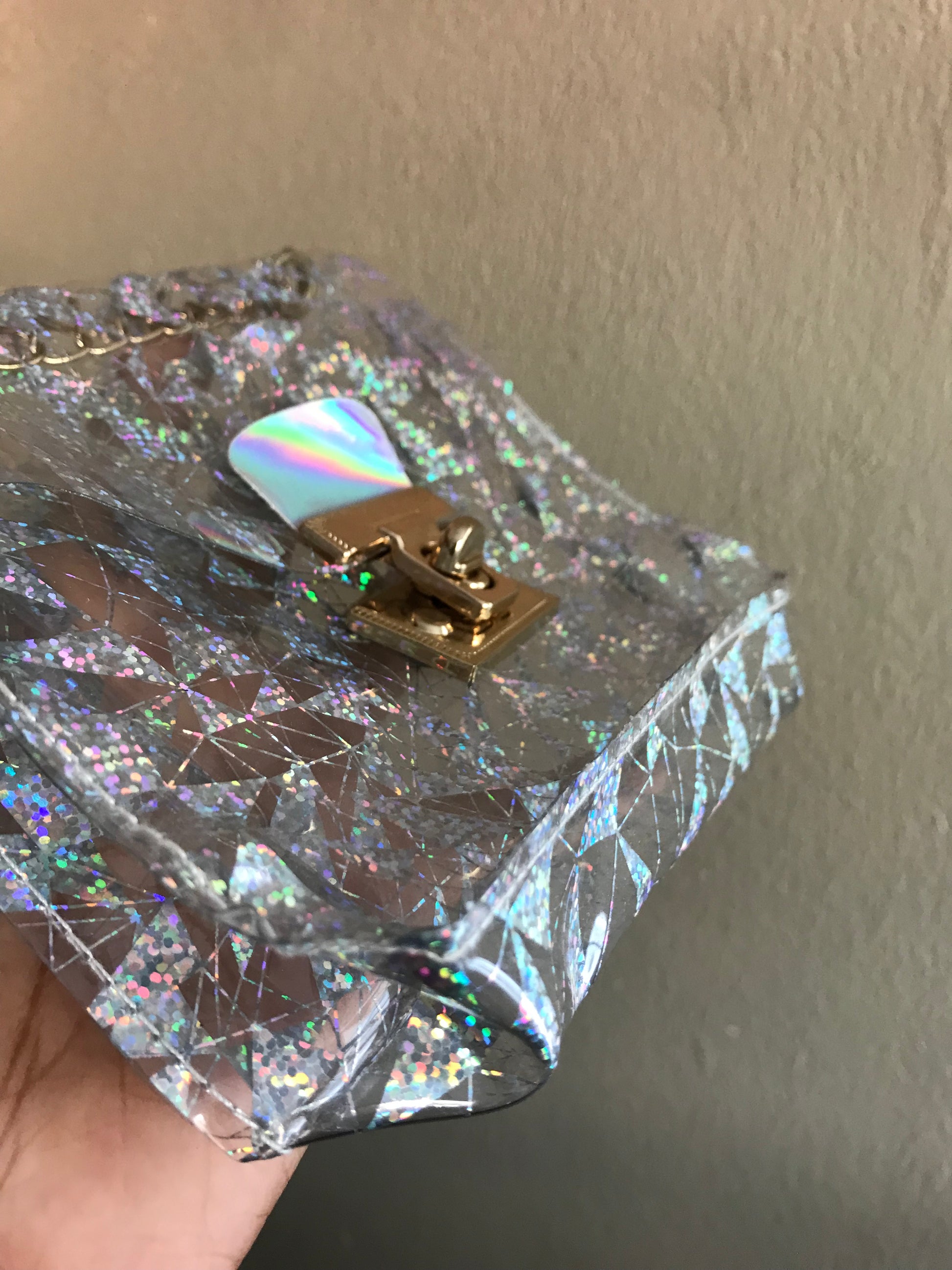 Like new Clear rainbow reflective crossbody bag gold chain