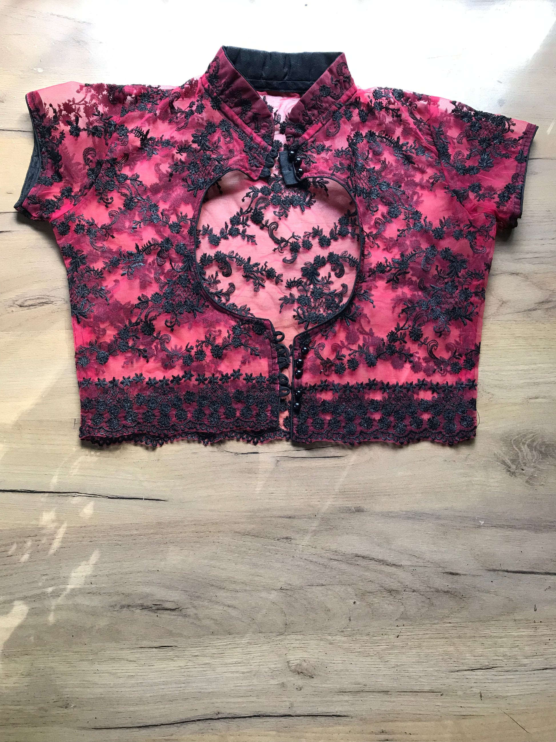 red embroidery open back asian style top ... xs/s