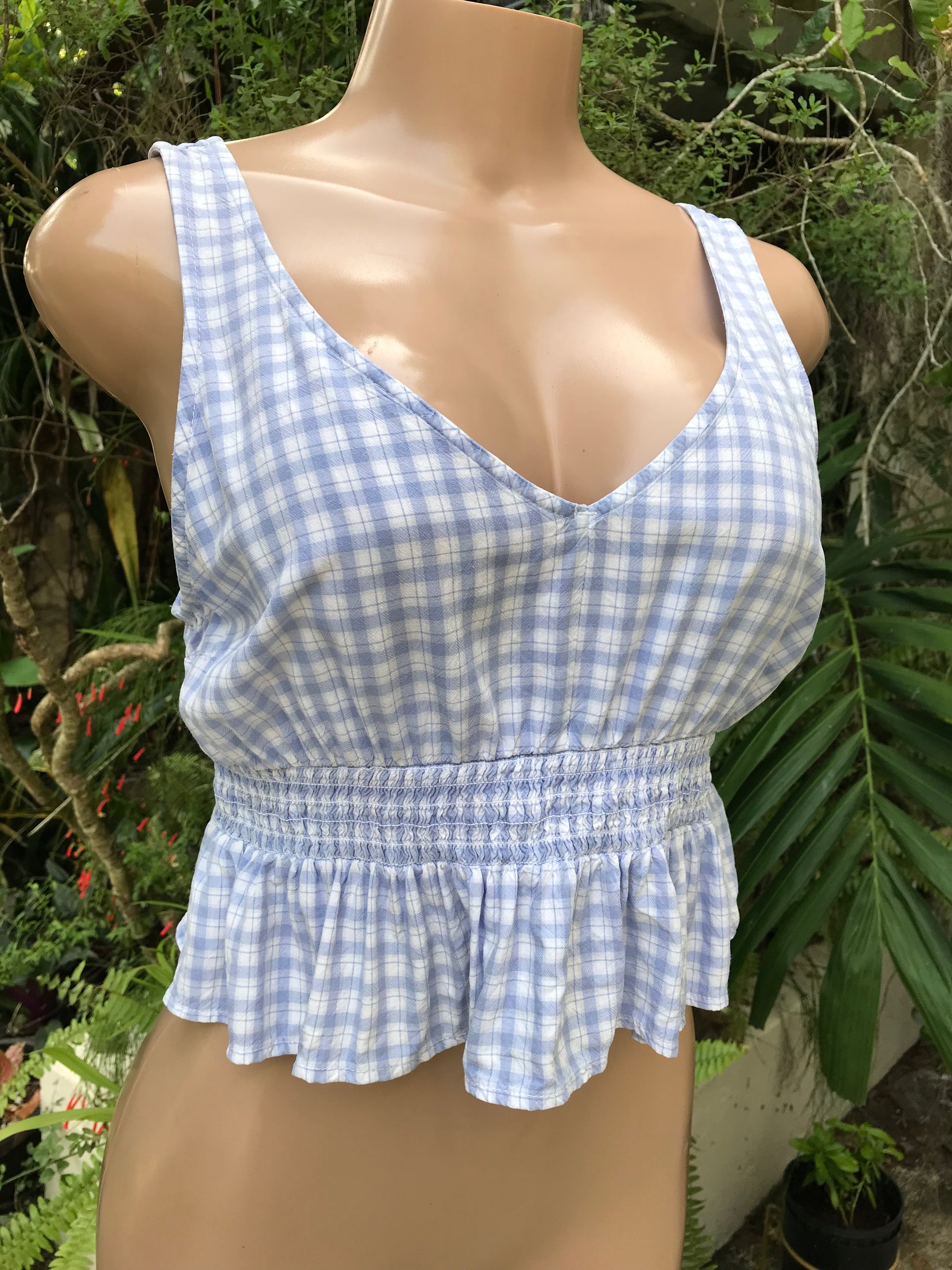 Hollister Blue Checker Summer Peplum Top Viscose ... M