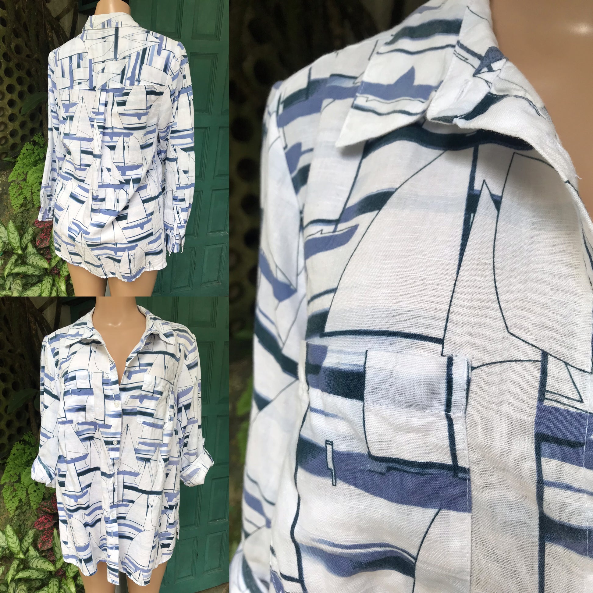 vintage cotton/linen sailboat print blue white button shirt... /xl ,,,