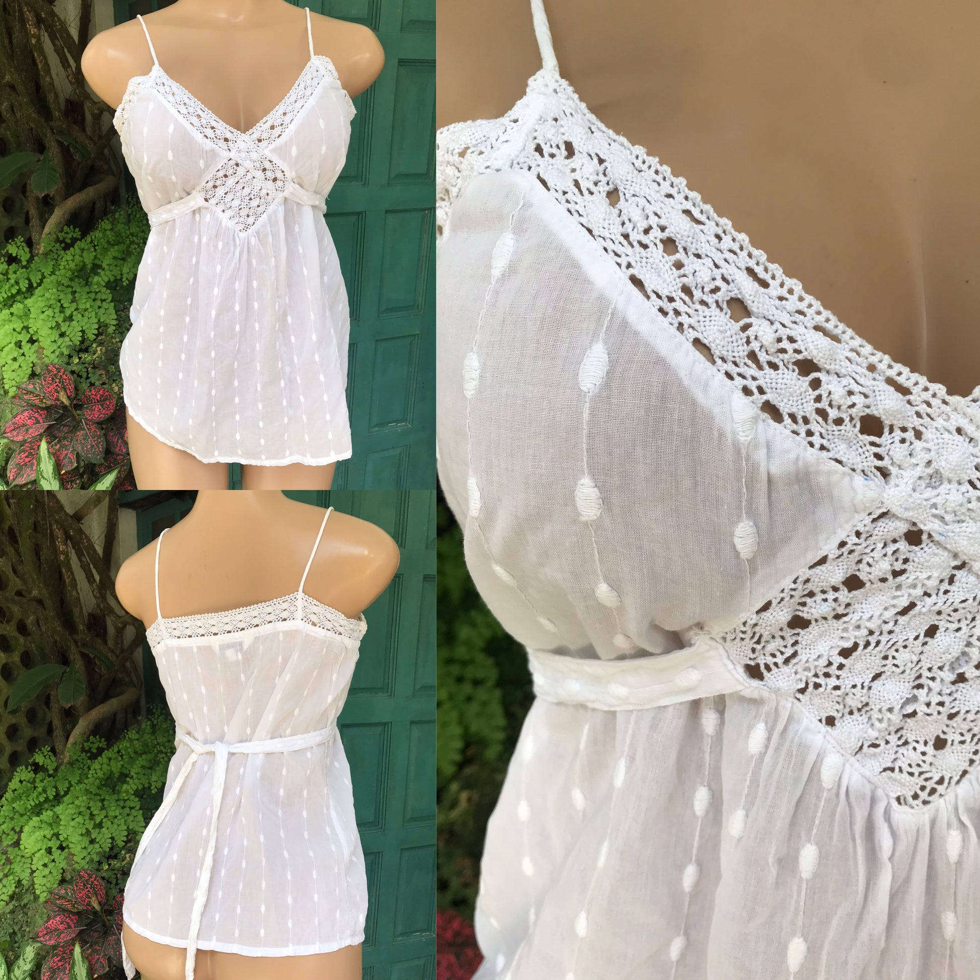 milkmaid 100% cotton white spaghetti embroidery crochet top tied... m ,,,