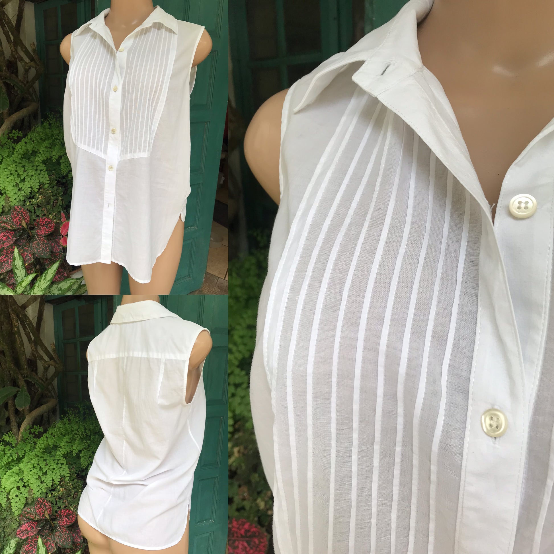 vintage 100% cotton white button sleeveless pleat detail top... L ,,,