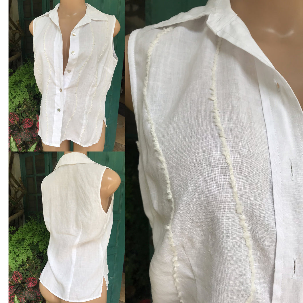 vintage white linen sleeveless button top with fringe detail... m/L ,,,