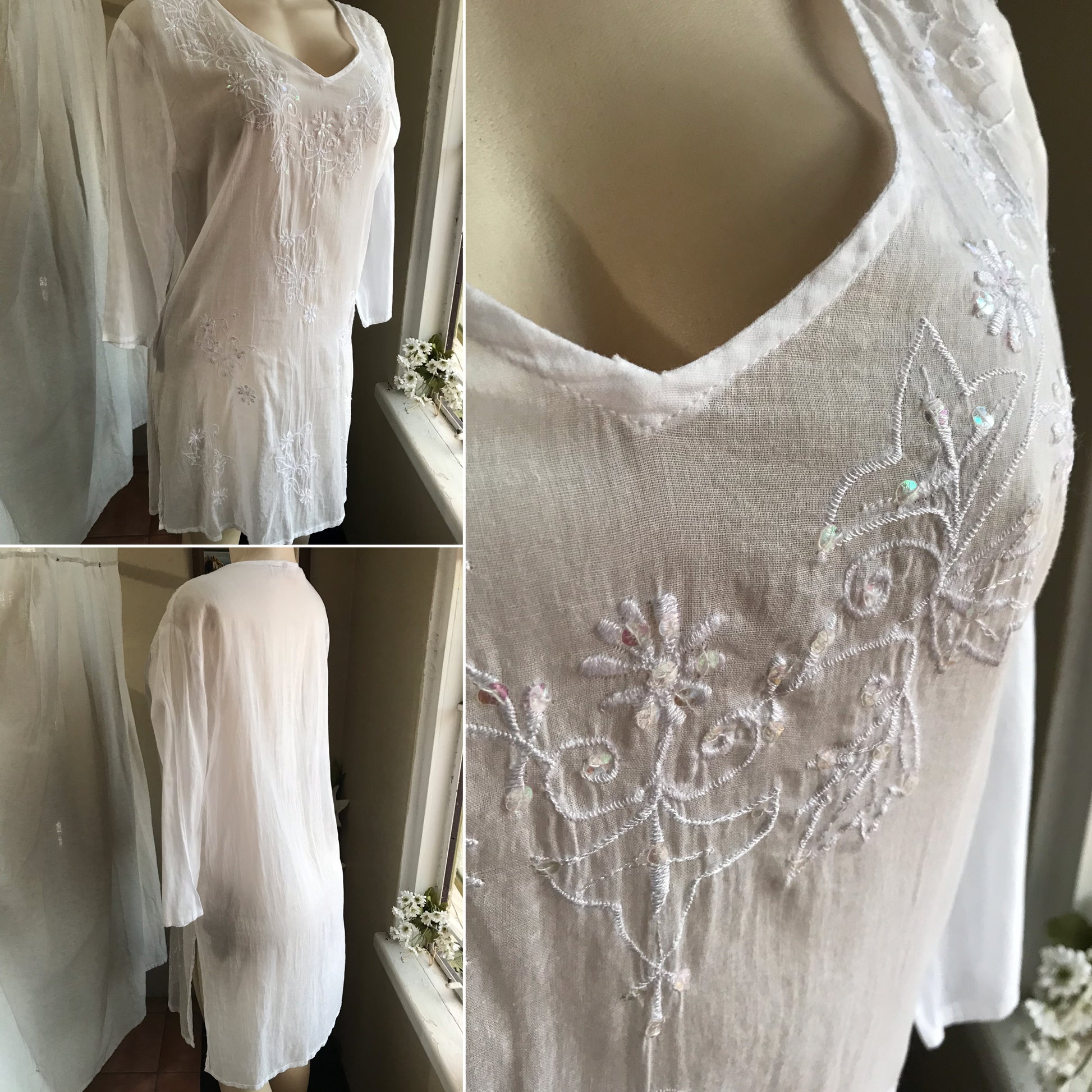 white organic light shirt dress indian style sequin side slit ,,, m