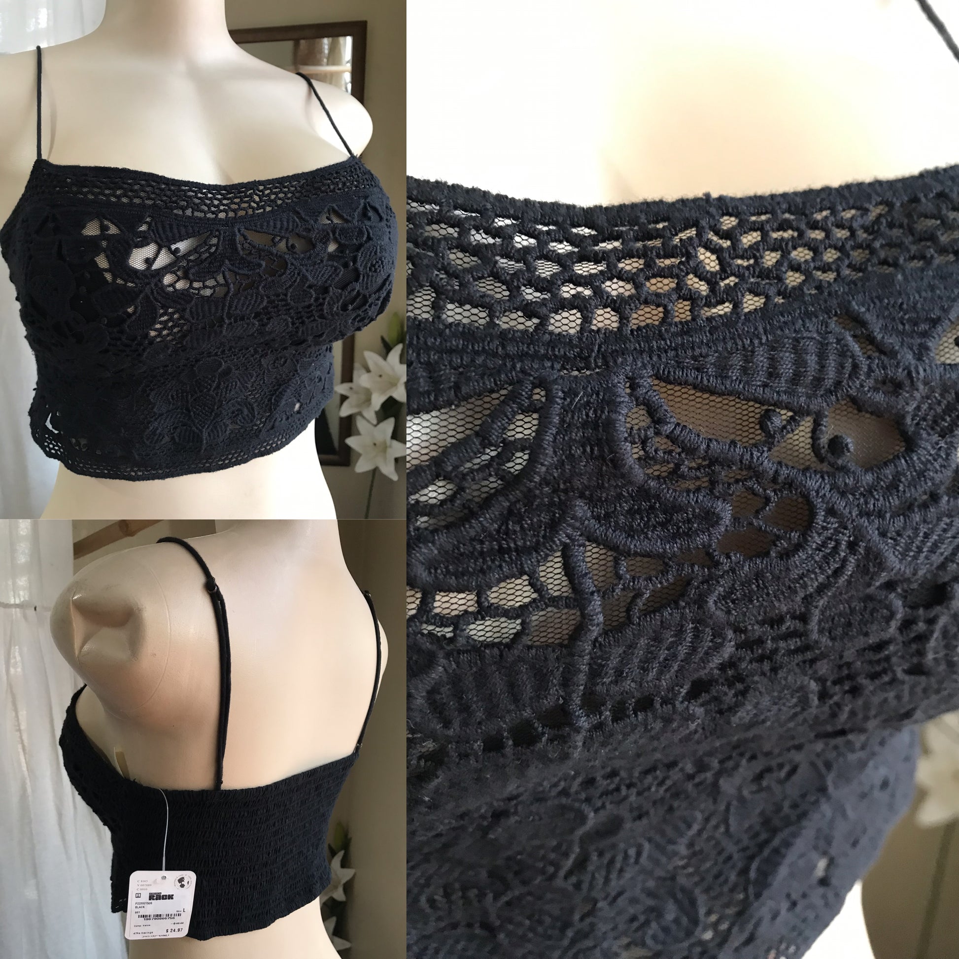 new tag black 100% cotton crochet spaghetti crop top stretchy... m/L ,,,