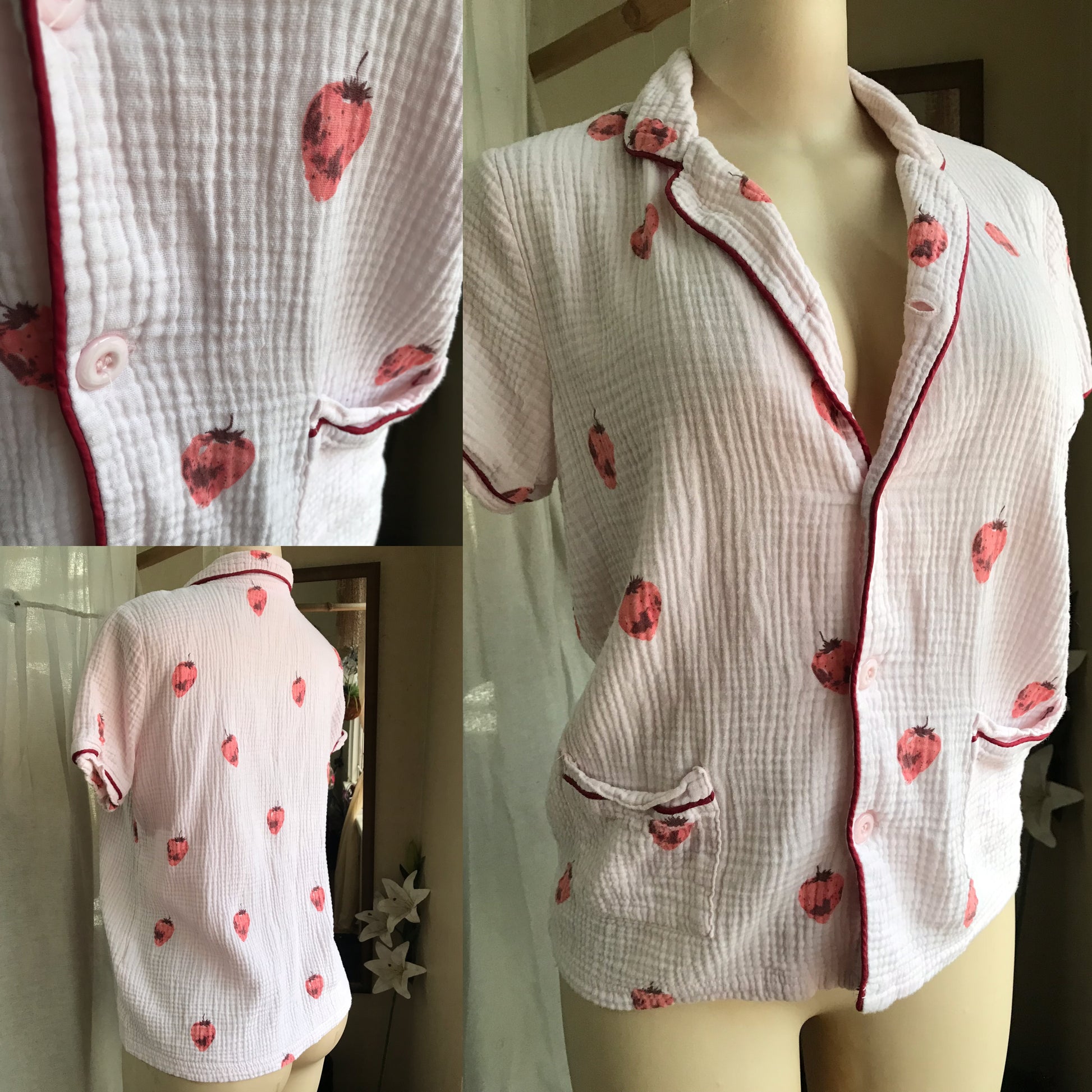 vintage cherry print 100% cotton button shirt quilted light pink... m/L ,,,