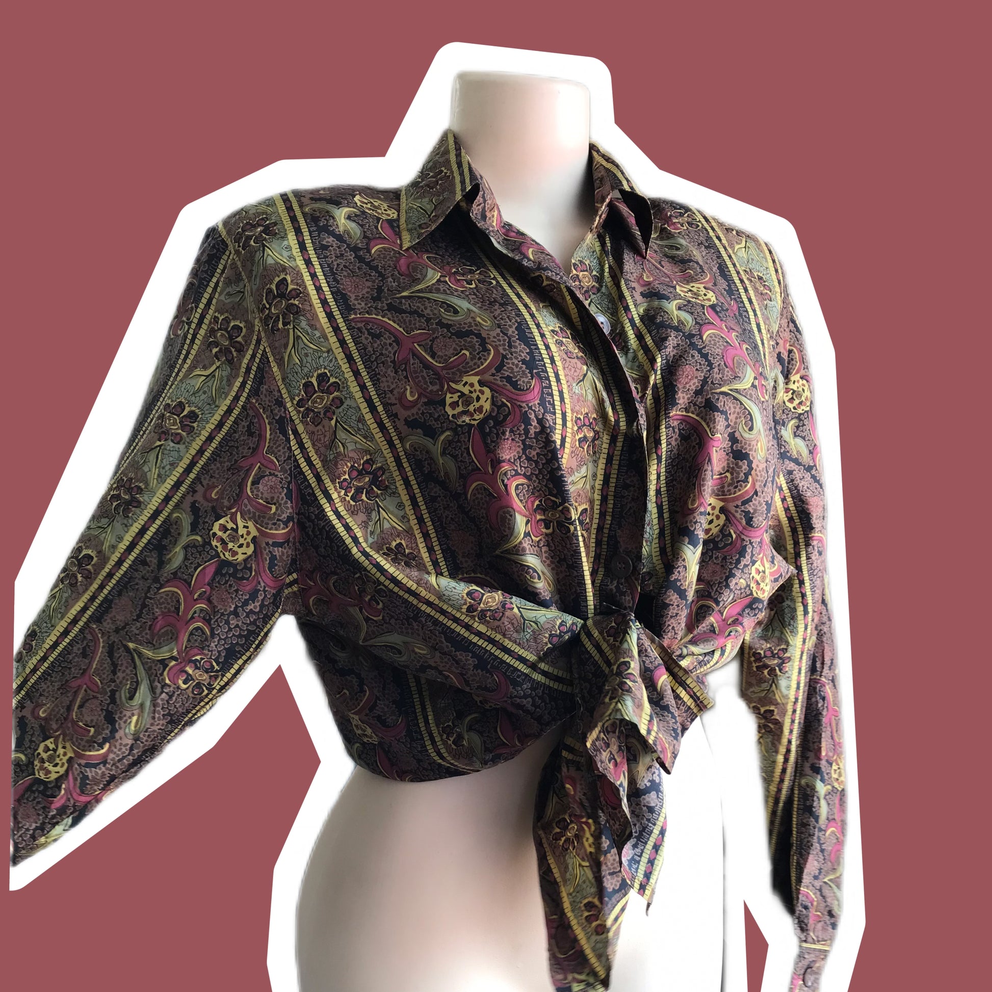 100% Silk vintage floral print earth tone button blouse /xl