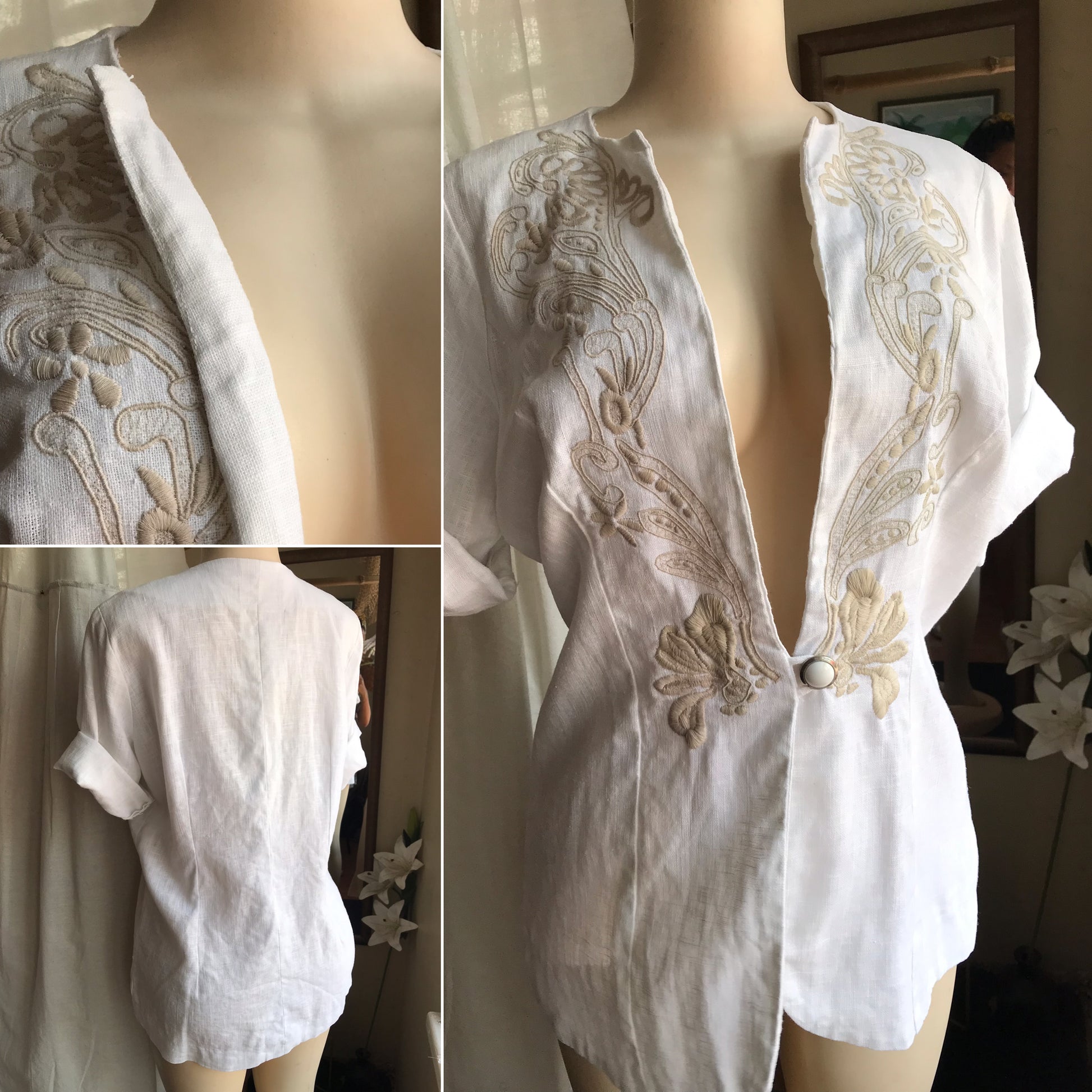 vintage linen white light coat swirl embroidery ,,, m/L ... ^^^