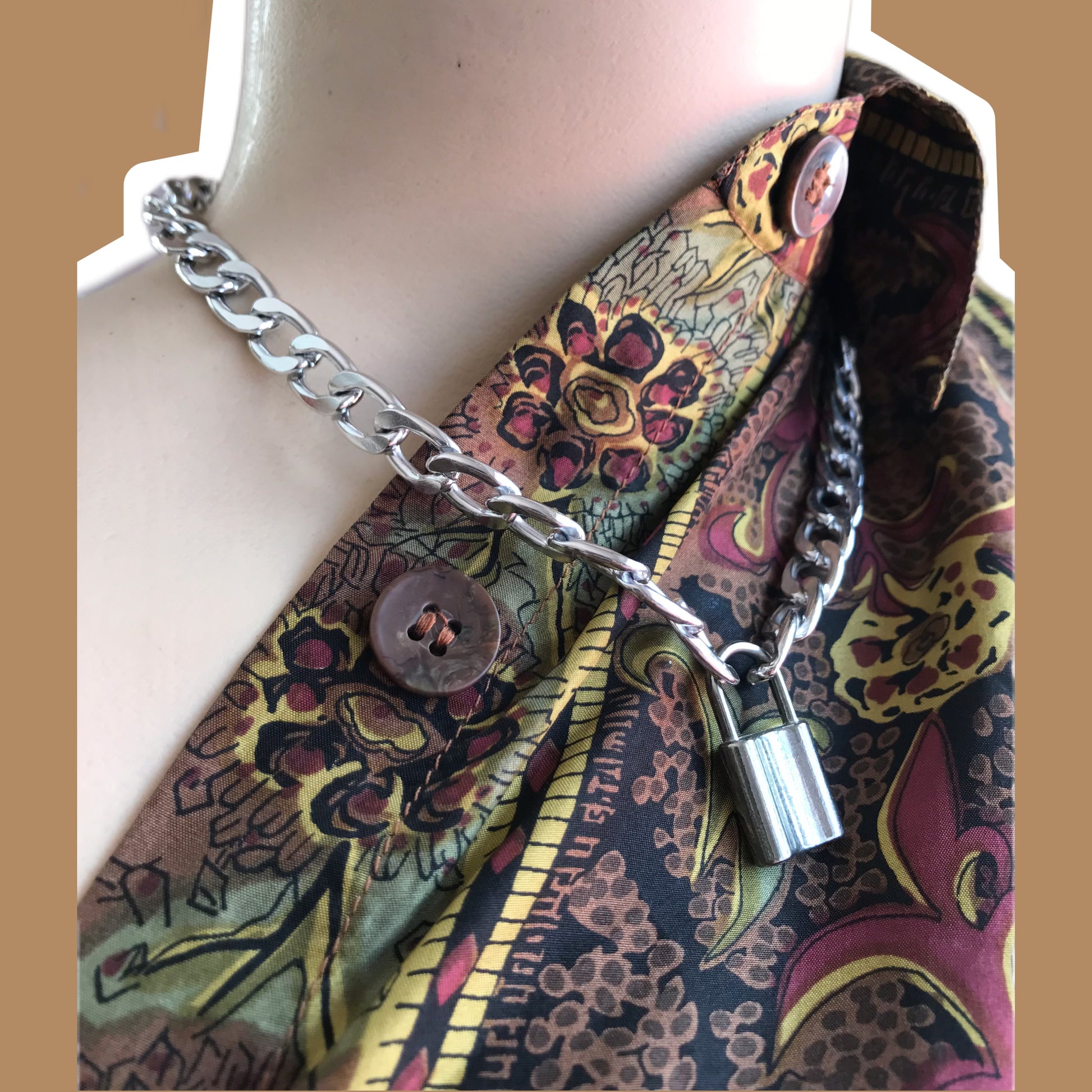 100% Silk vintage floral print earth tone button blouse /xl