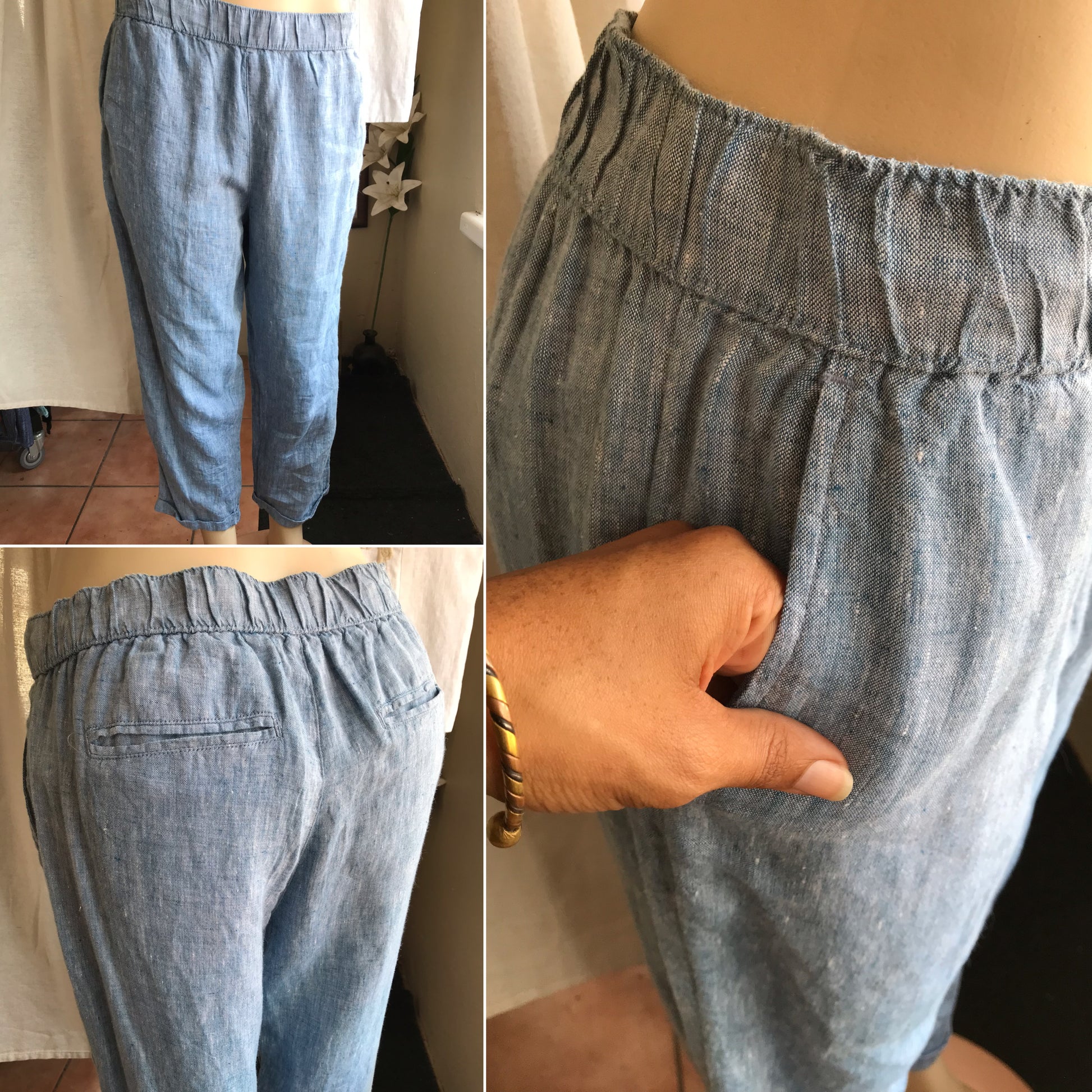 vintage 100% linen light blue lounge pants  ,,, L .:::